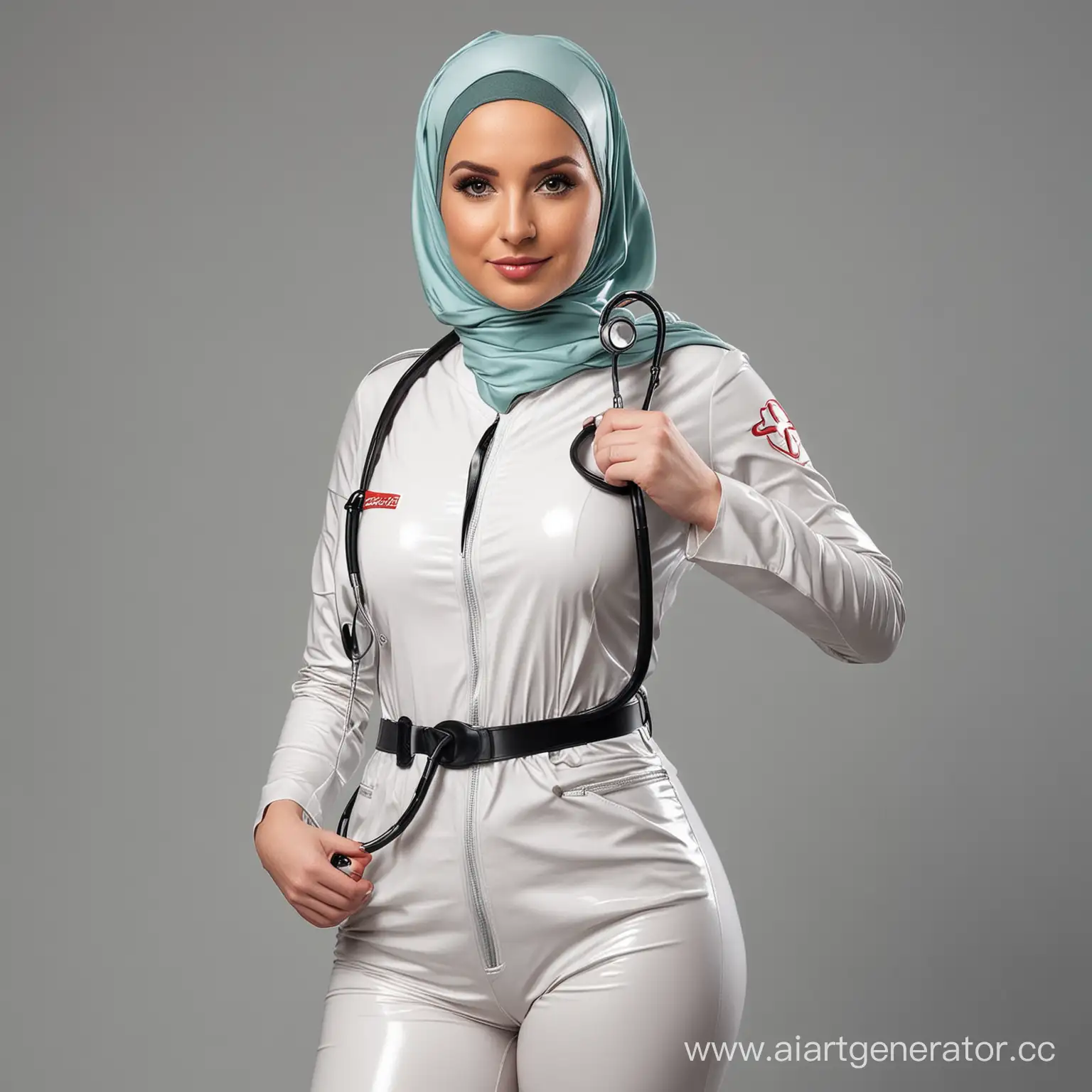 Draw a nurse woman holding a stethoscope wearing a hijab latex catsuit