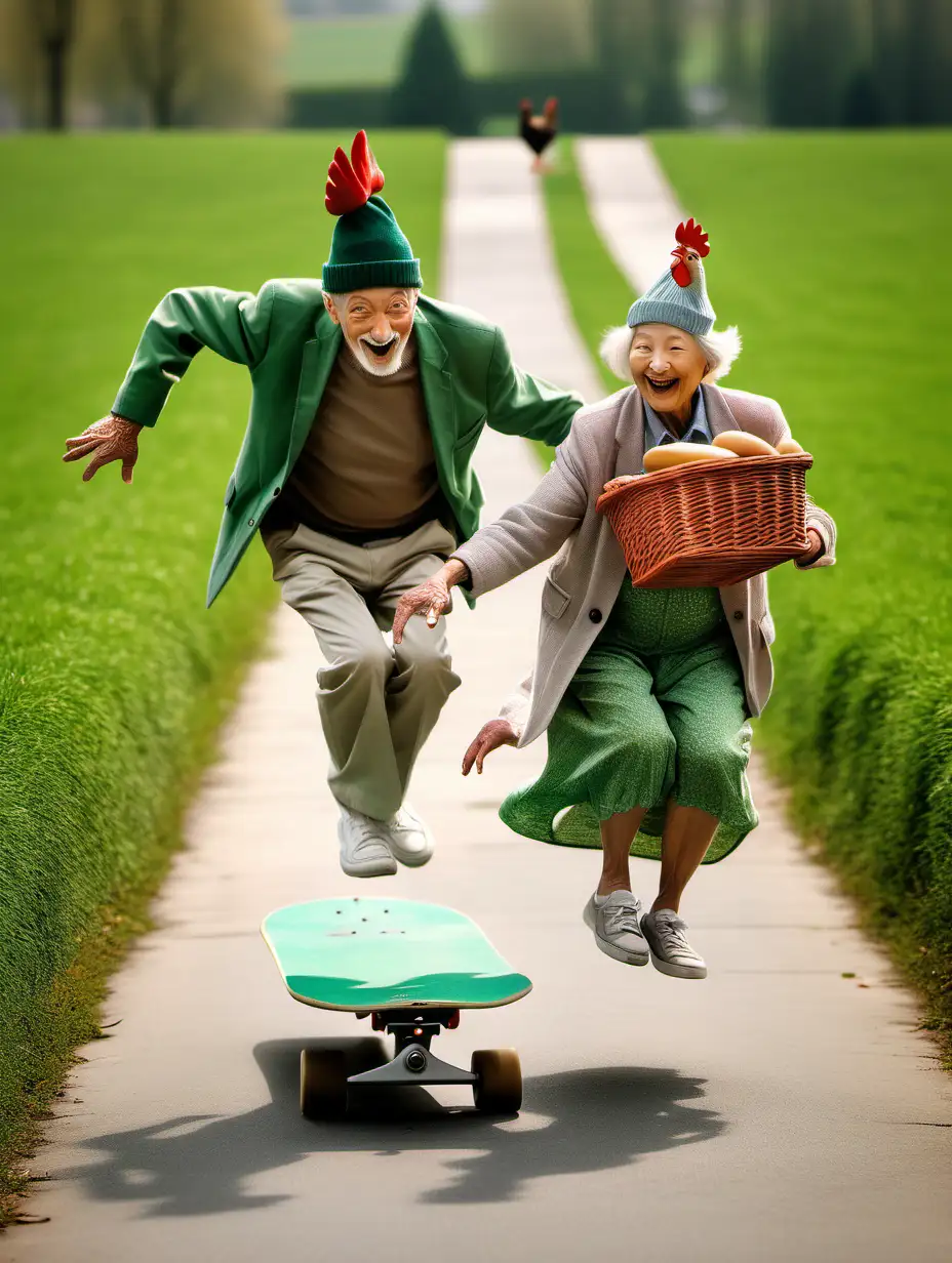 old couple jumping on a skateboard,  green fields, feather hats and shopping basket, small dog and a chicken