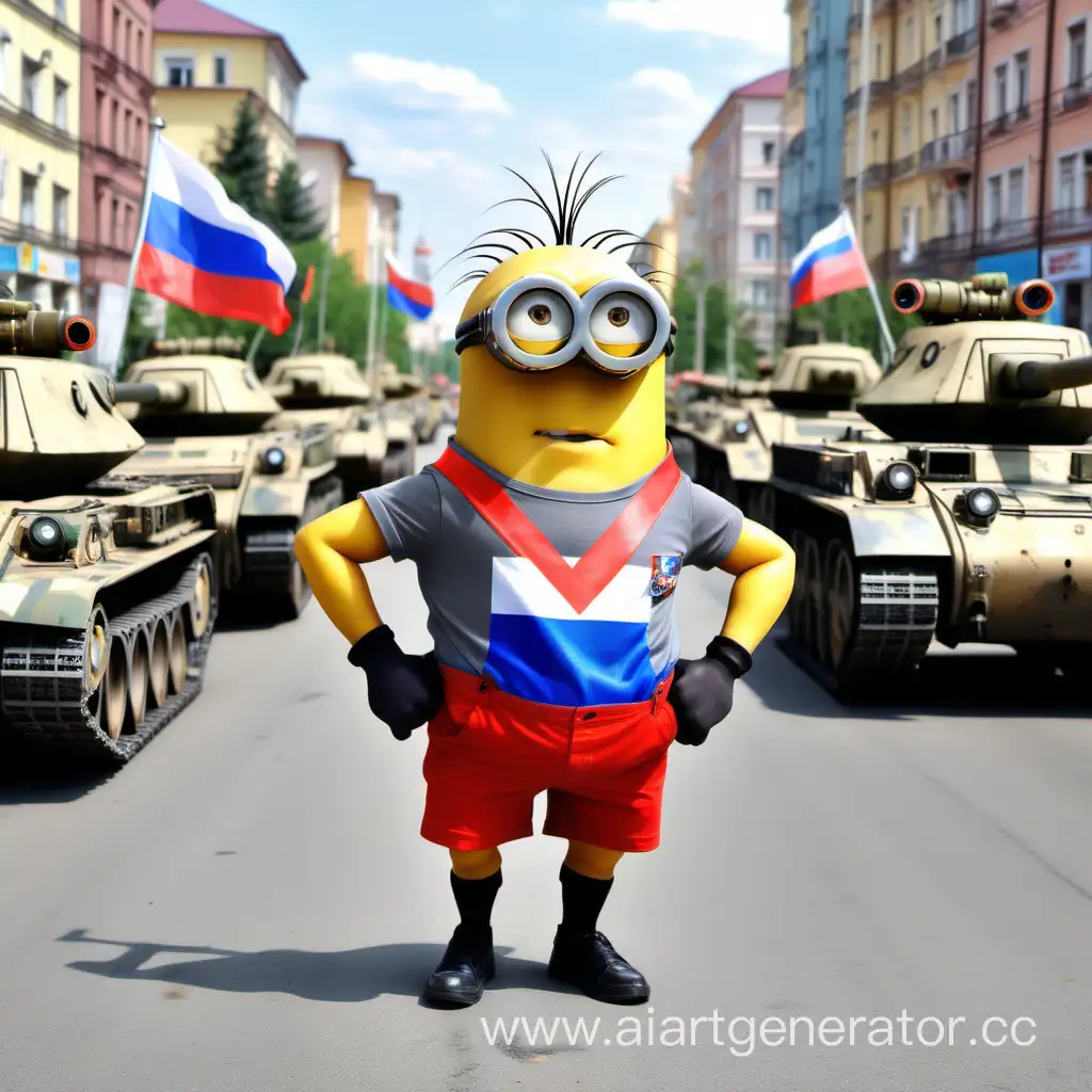 Muscular-Minion-Champion-with-Patriotic-Slogan-and-Military-Parade-Background