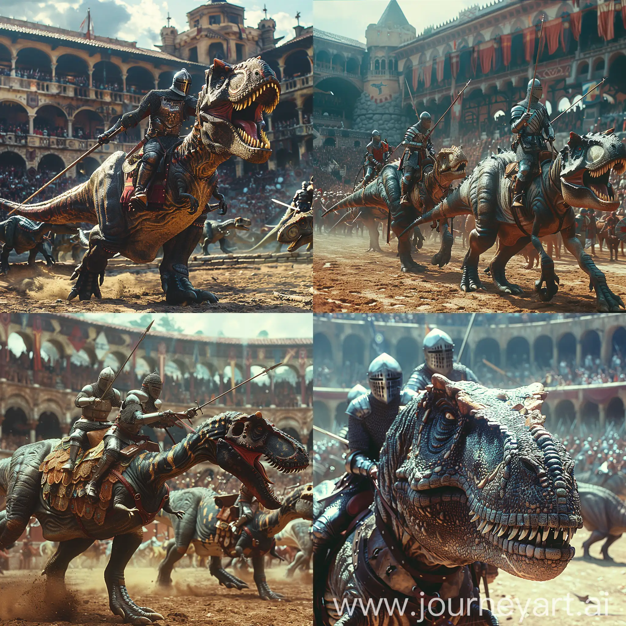 Cinematic, historical fantasy photography, medieval knights jousting atop mighty dinosaurs instead of horses, an anachronistic blend of prehistoric creatures and medieval chivalry, vividly capturing the clash of lances in a dynamic, high-energy scene, with the grandeur of a medieval tournament and the primal ferocity of the dinosaurs, richly detailed armor and scales, set in an expansive, open arena, conveying a sense of awe and excitement. —v 6 —s 750