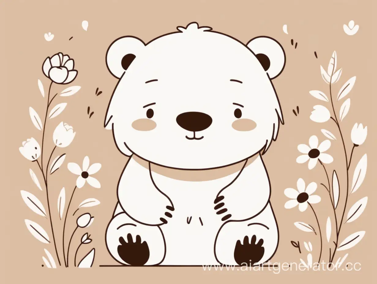 Милый белый медведь общается с бурым медведем. Вокруг цветочки мудрости. Минималистический стиль.