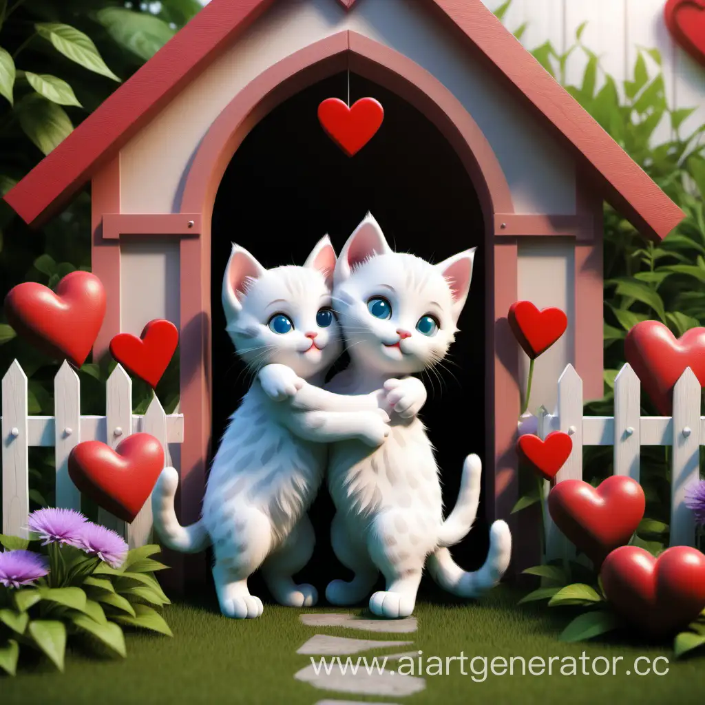 Два котика, мальчик и девочка, обнимаются, на фоне домика, с садом, где прячутся сердца количеством 10 штук, которые видно, картинка для детей 