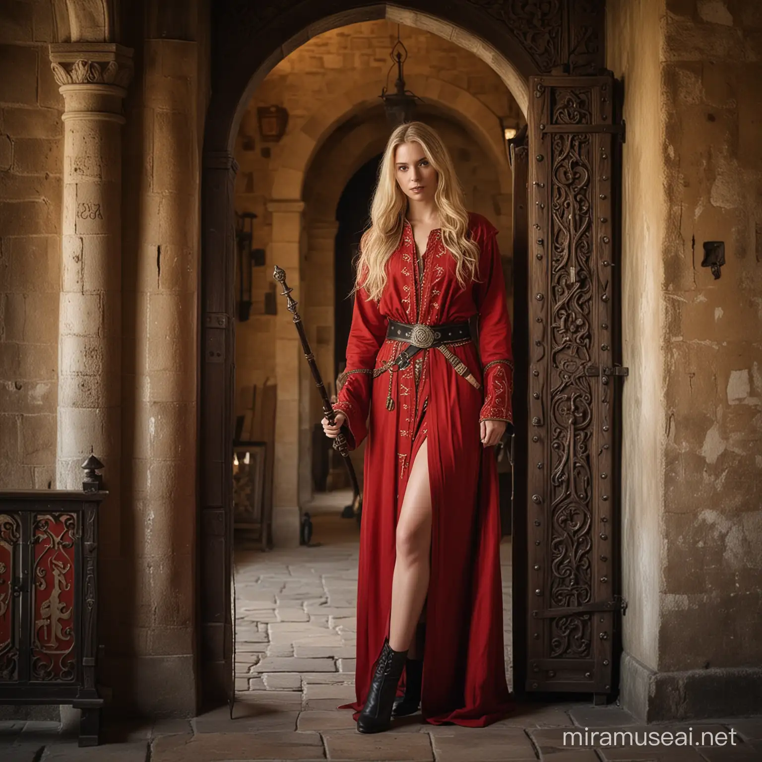 Photo medieval style: a 25-year-old average looking woman with long, blonde hair, dressed in a slit, noble red robe with magic symbols, a long, straight walking stick in her hand and belted with a dagger,stands in a medieval bank house and looks friendly. Sigma 85mm F/1.4