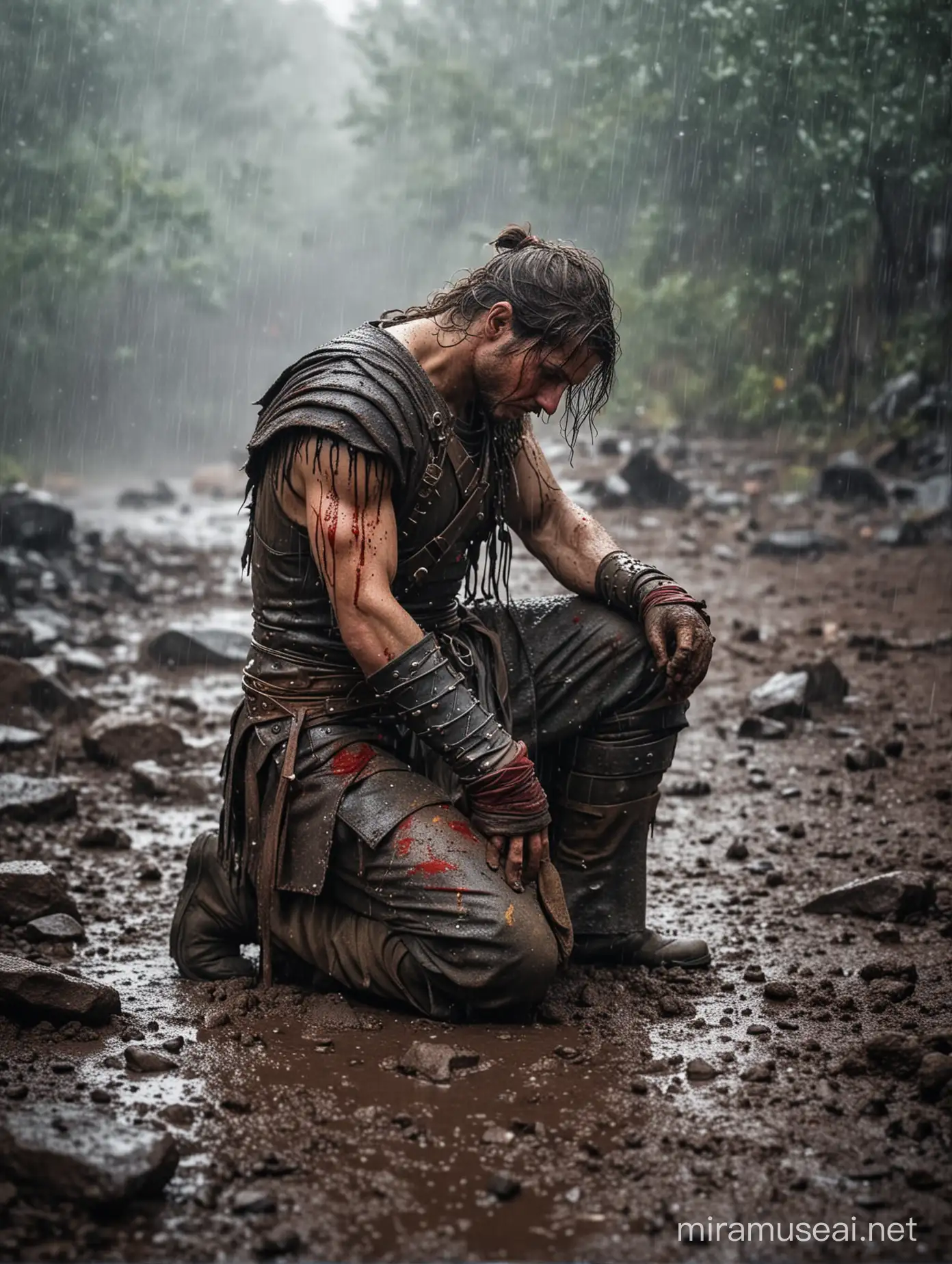 Exhausted warrior covered in dirt and blood kneeling on rocky ground and crying in pouring rain (side profile)