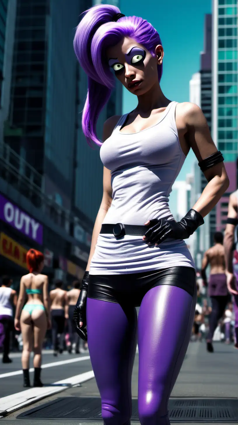 Leela from Futurama, tall sexy busty 25 year old white woman with cyclops eye, long purple lilac ponytail hair, medium perky natural breasts, toned butt and thighs, white tank top black yoga pants and black boots, futuristic city street with some humans and aliens walking in the background, cacophony of random colours and patterns

photorealistic, highly detailed, random details, imperfection, detailed skin textures, skin pores