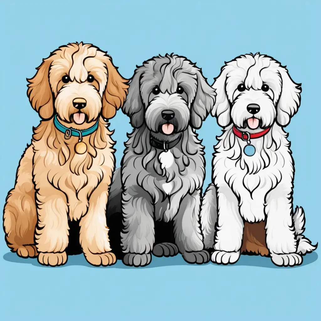 three different colored anime Golden Doodle Dogs outside, 7 colors in design, design for a t-shirt 