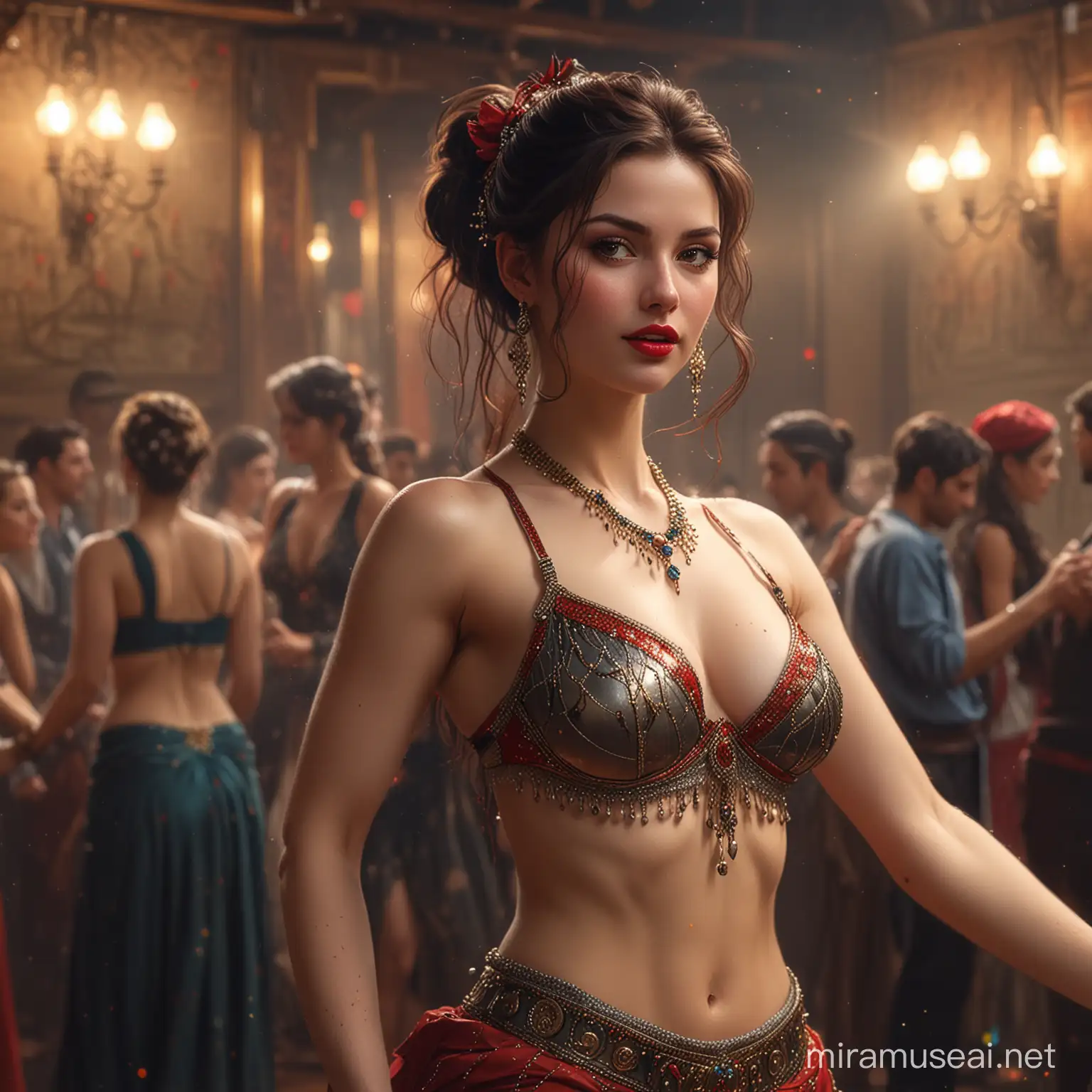 pretty woman, realistic, ancient painting, vintage, stunning, belly dancer, in the dance hall, loose hair, pale skin, red lipstick, by Thomas Kinkade, David Palumbo, Carne Griffiths, golden ratio, award winning, professional, highly detailed, intricate, volumetric lighting, gorgeous, masterpiece, sharp focus, depth of field, unreal engine, perfect composition, digital art on pixiv, artstation, 8k, hdr