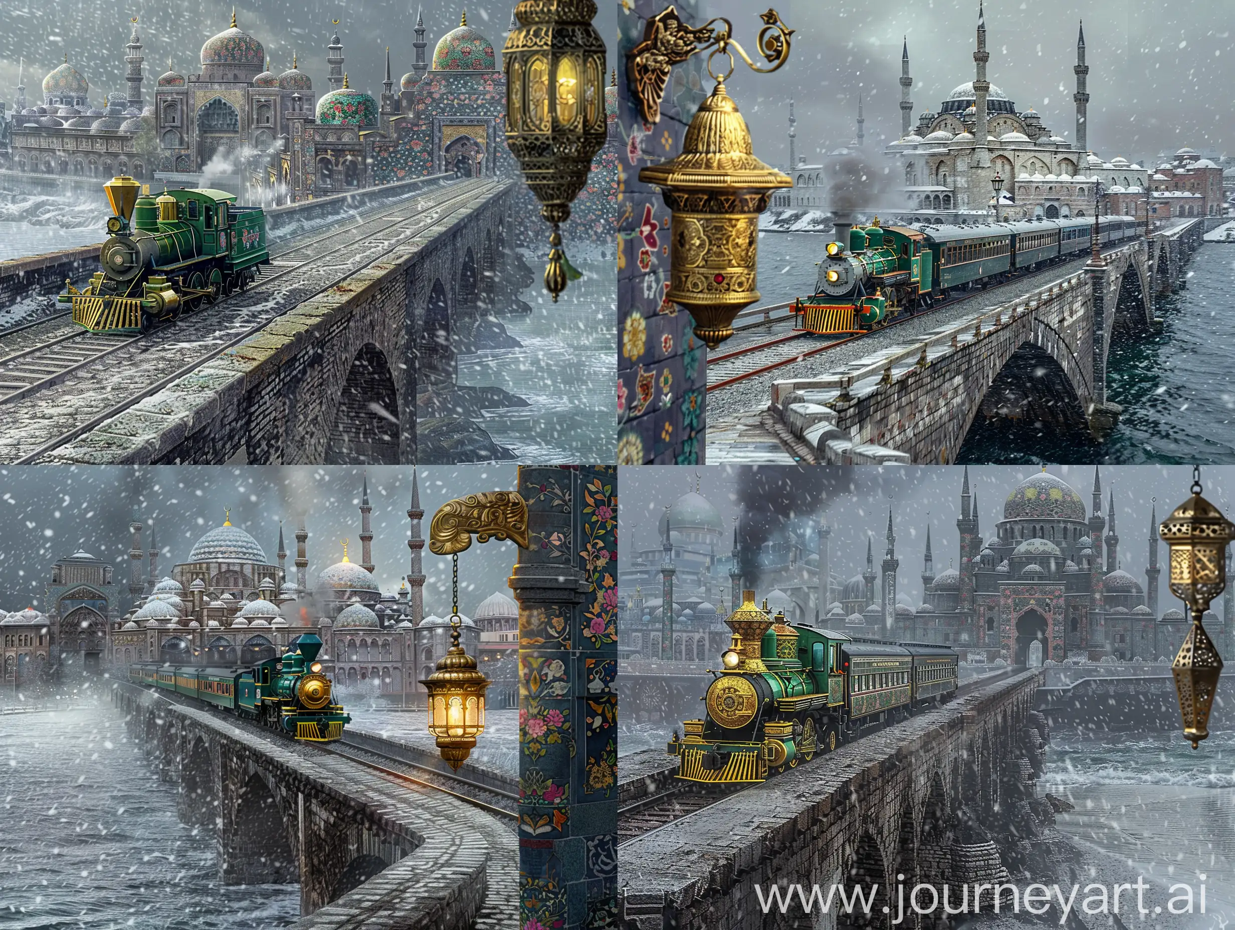 Cinematic photo: A stonebridge going towards into a seafront city, a green golden steam engine train moving on the bridge towards the middle of city, in the background is the wide seafront city of floral Persian tiled mosques and timurid persian islamic architectures all having floral persian tile exterior and gold ornaments, dark grey dramatic weather, snowfall, a glorious islamic lamp hanging on side of the image --ar 4:3