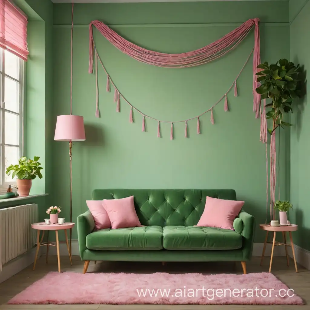 Локация день святого Патрика спальня с розовыми стрингами на зеленом диване. Без людей