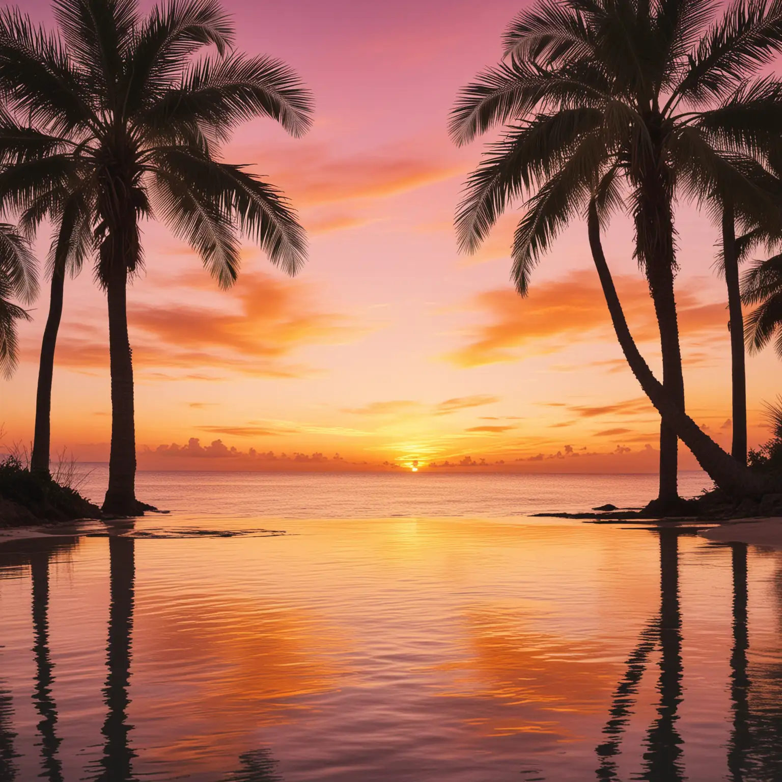 symmetrische Komposition. paradiesischer blick aufs Meer. Palmen nahmen das Foto ein. Sonnenuntergang