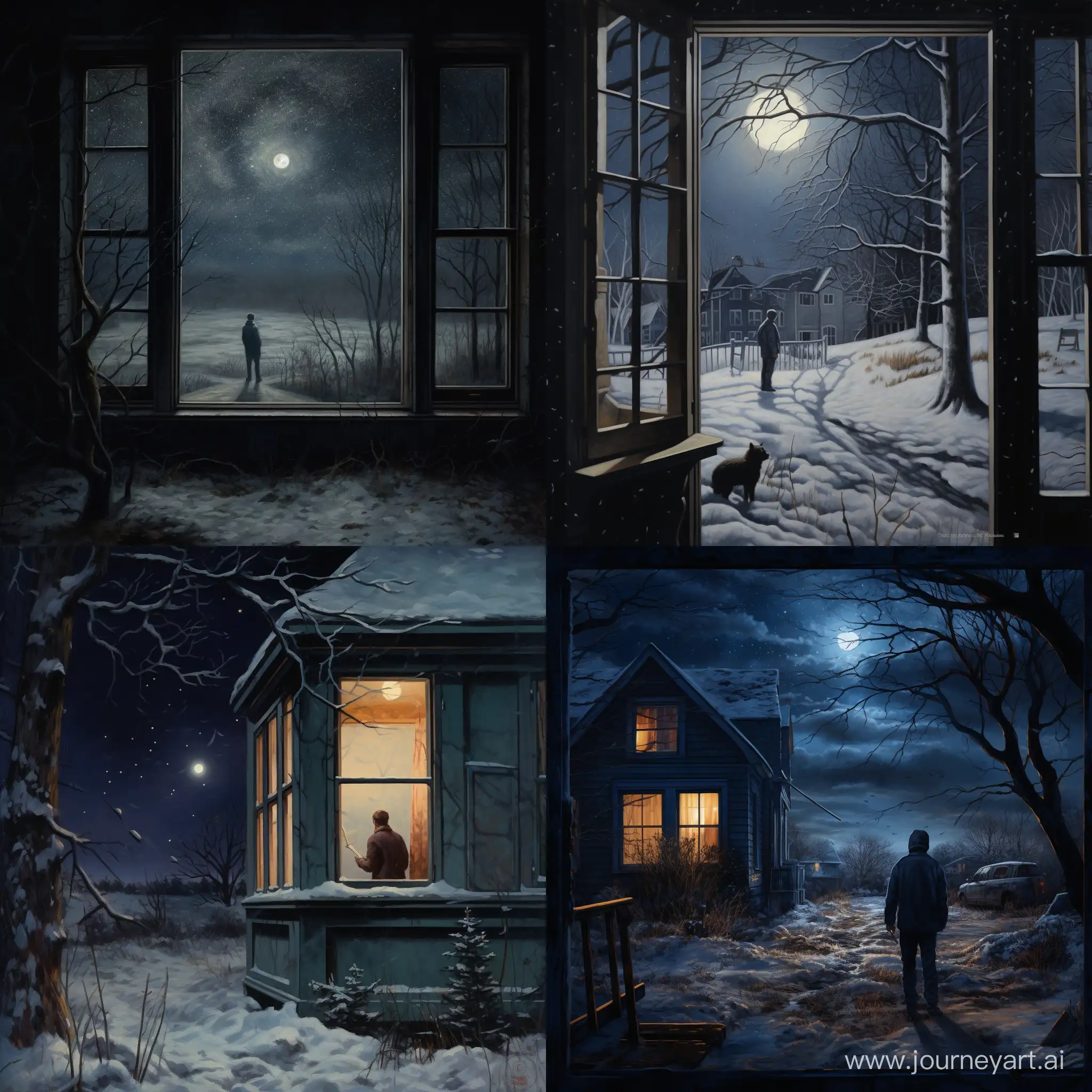 лунная зимняя ночь, мужчина стоит под окном дома