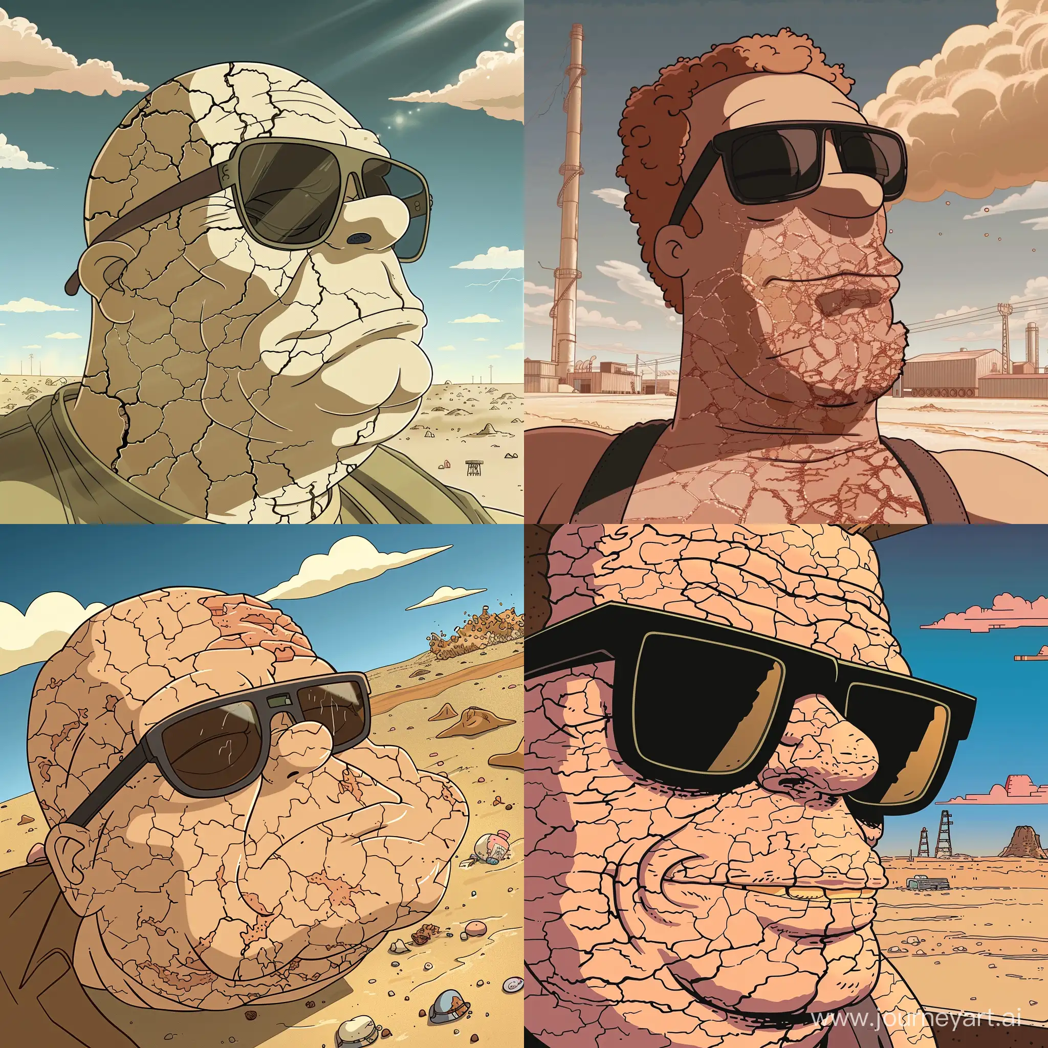 Peter Griffin, wearing sunglasses, is resting at the nuclear waste disposal site, his skin begins to gradually peel off starting from his chin
