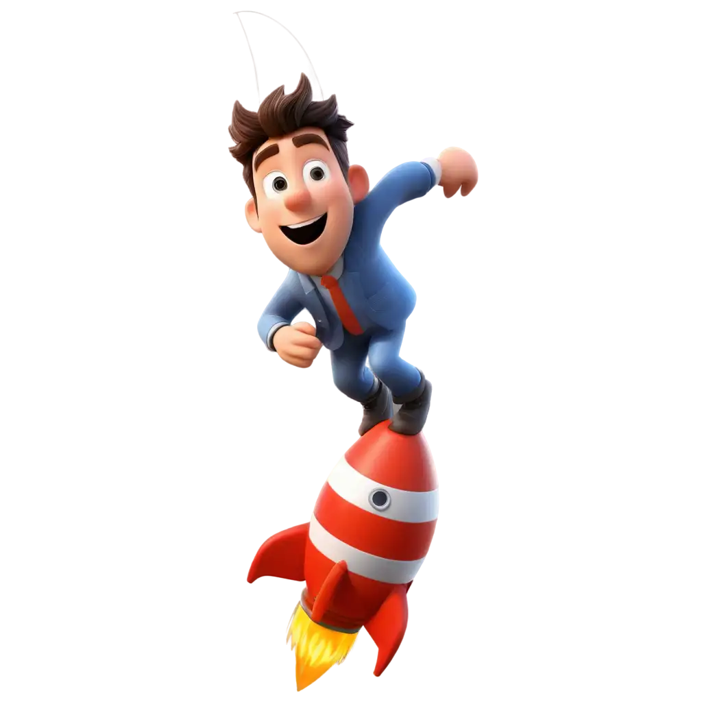 a man flying in the sky with rocket 3d cartoon