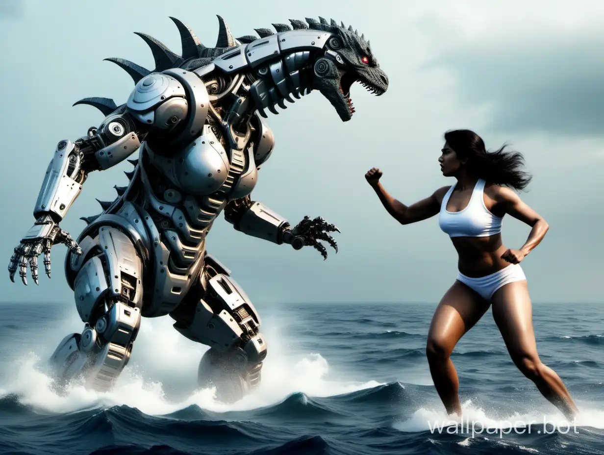 Robotic Indian Woman, Bulky Fit Body, Fighting With Godzilla at Middle of Ocean