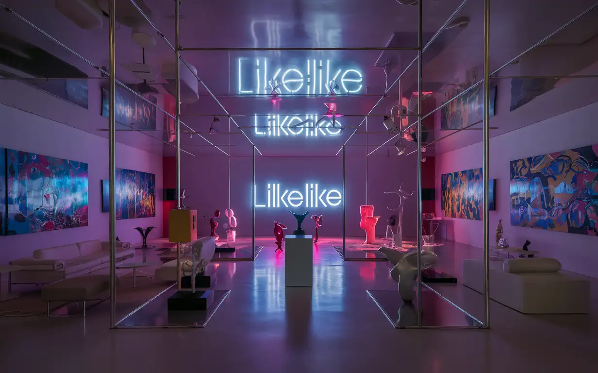 Fantastic artist space, with a neon sign on the wall that says "LikeLike", no sofas, tables and chairs