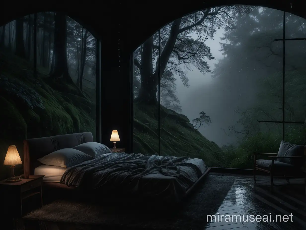 Dark Beautiful, enchanted forest bed room on the edge of the cliff  in the forst as its raining heavy