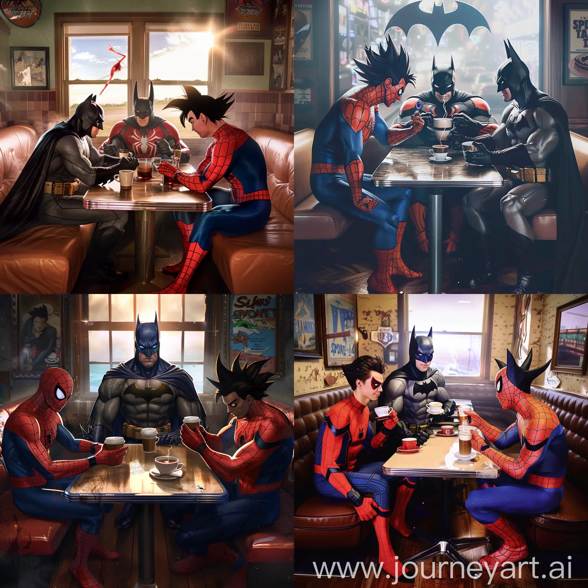 Batman, Spiderman and Goku all sitting around a diner table, drinking coffee. --s 50