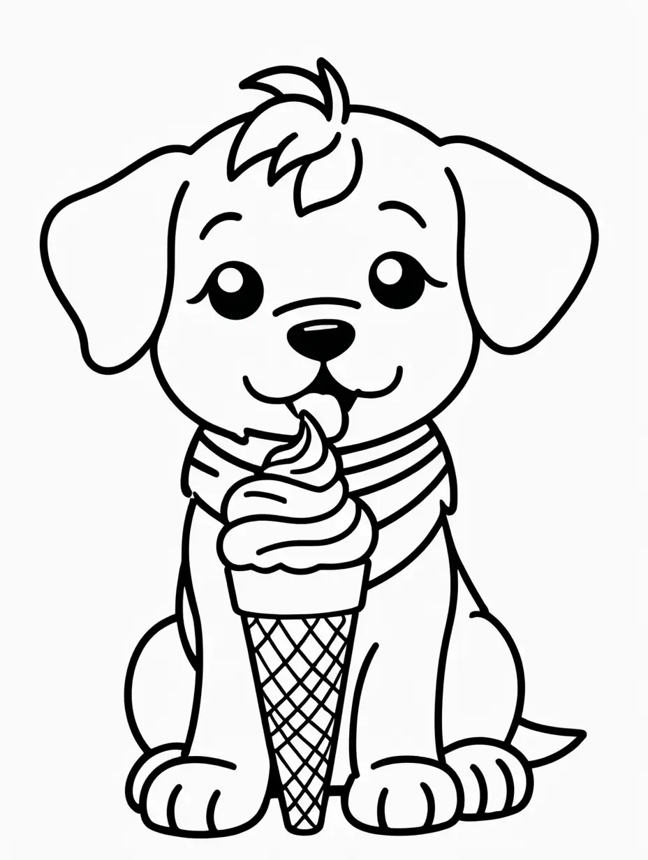 coloring page for kids with a cute kawaii puppy licking ice cream, black lines white background, only black and white