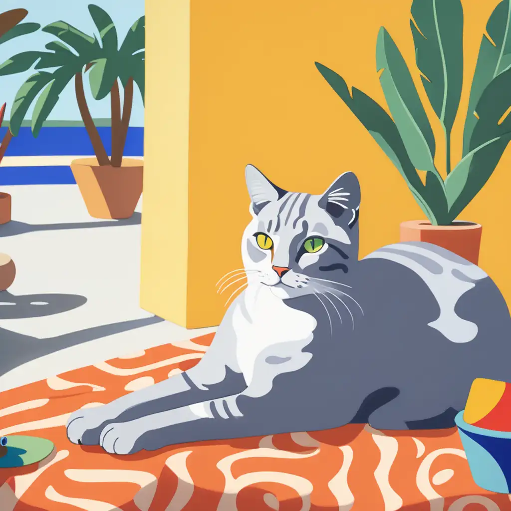 Lazy cat, summertime, colorist, grayish background, Matisse style, vivid colors, cinematic style