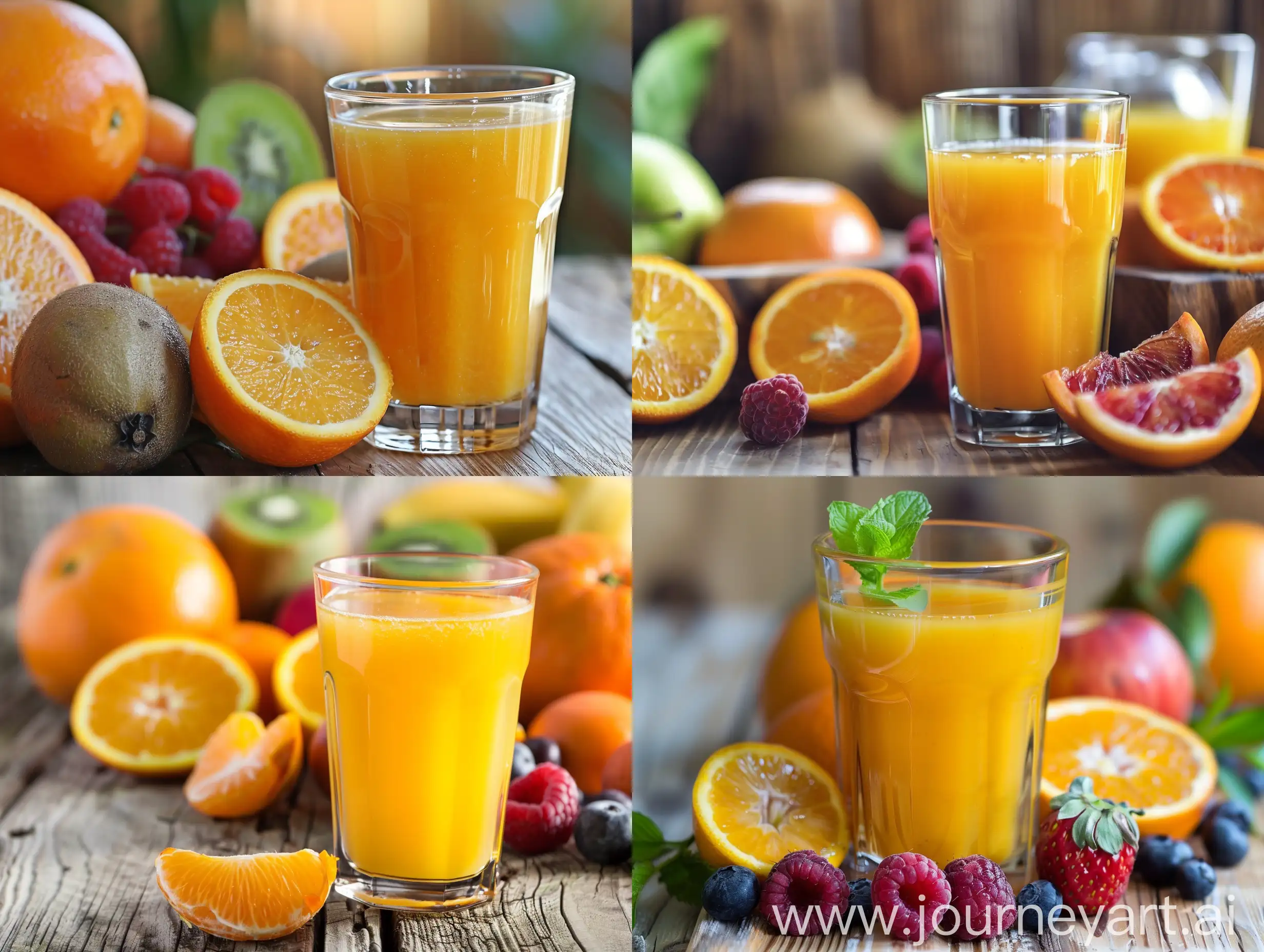 Glass of fresh orange juice with fresh fruits on wooden table 
