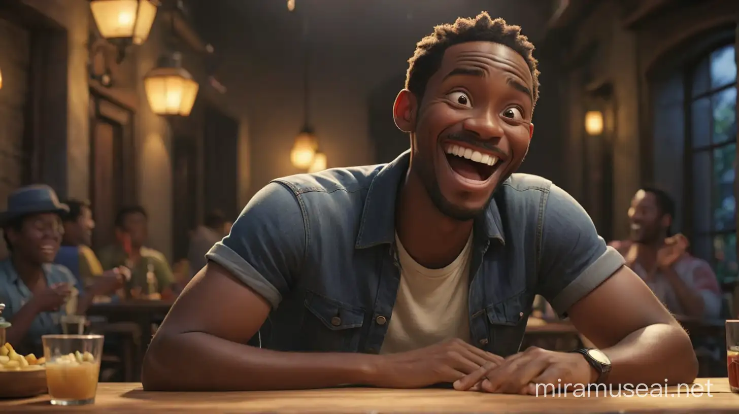 create an image of   a Haitian  men sitting at a table laughing. illumination, Disney- Pixar style illustration 3-D Animation, 4k