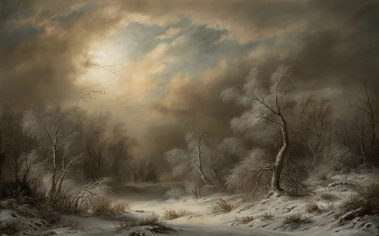 Масляную картину в стиле 18 века: Зимний, облачный (Не видно солнце и на вверху все в облаках), морозный лес в снегу, снежная буря. Тоскливое настроение.