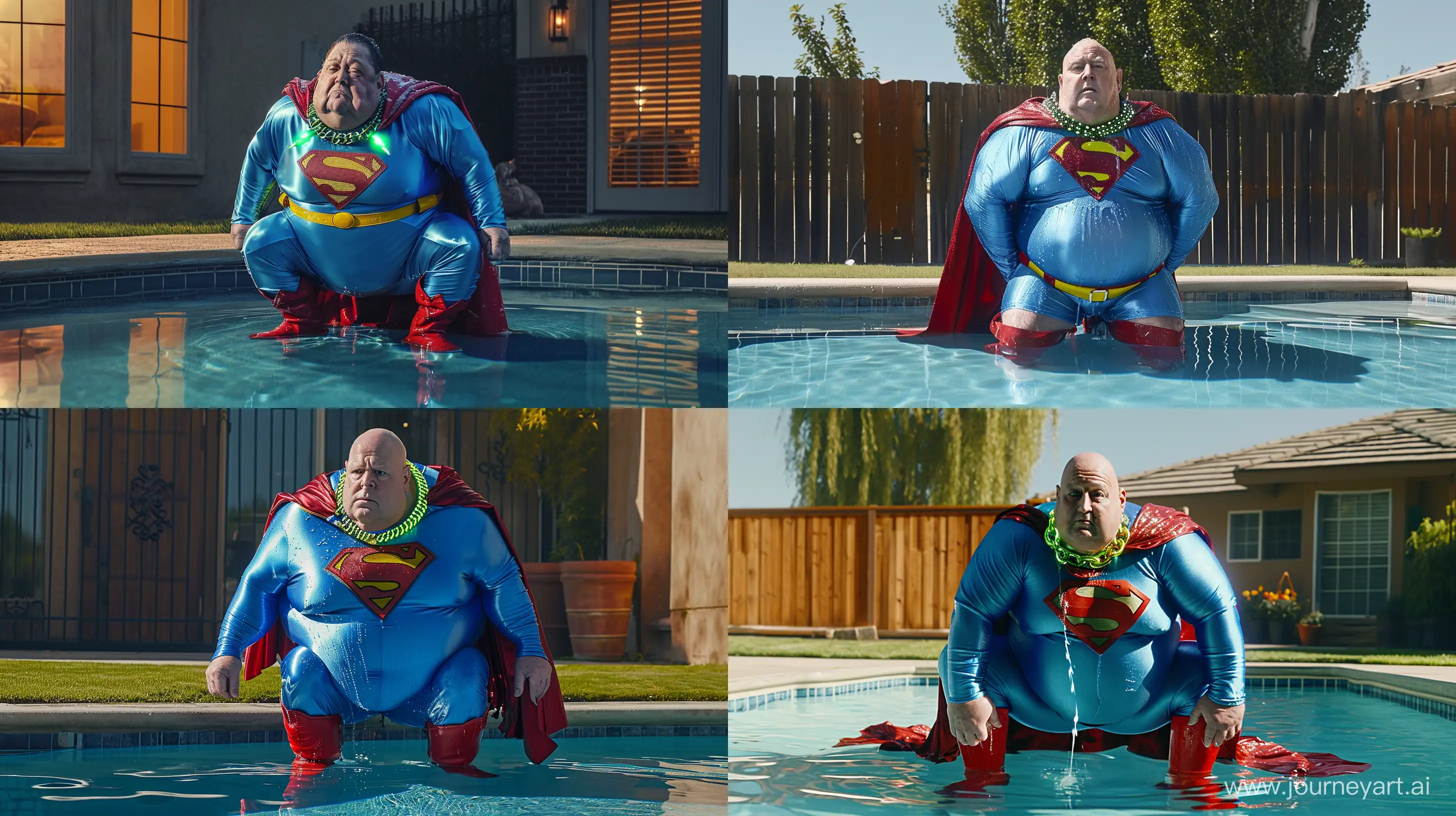 Elderly-Superman-Enjoys-Playful-Pool-Time-with-Unique-Costume