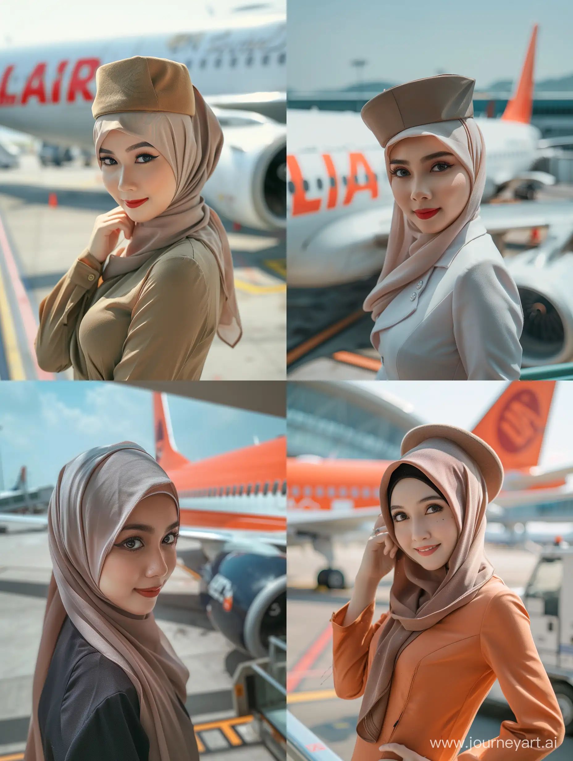 a beautiful 25 year old hijab flight attendant woman, natural skin, wearing a flight attendant hat, ideal body. the flight attendant is posing at the airport. behind him was a Lion Air plane. The weather was sunny during the day. Ultra HD, original photo, high detail, ultra sharp, 18mm lens, realistic, photography, Leica camera