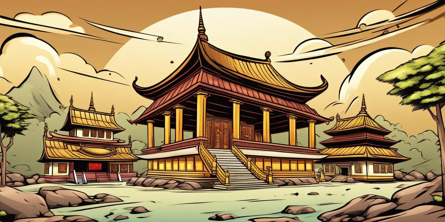 Serene Cartoon Buddhist Temple with Ringing Bells