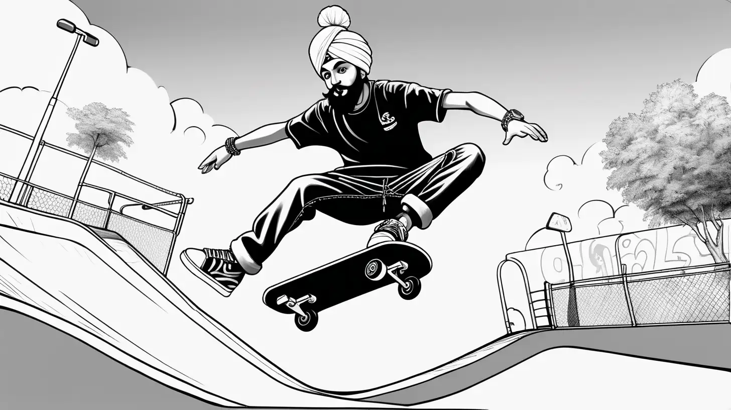 Sikh Boy Performing Daring Stunt on 2Wheel Scooter in Colorful Skate Park