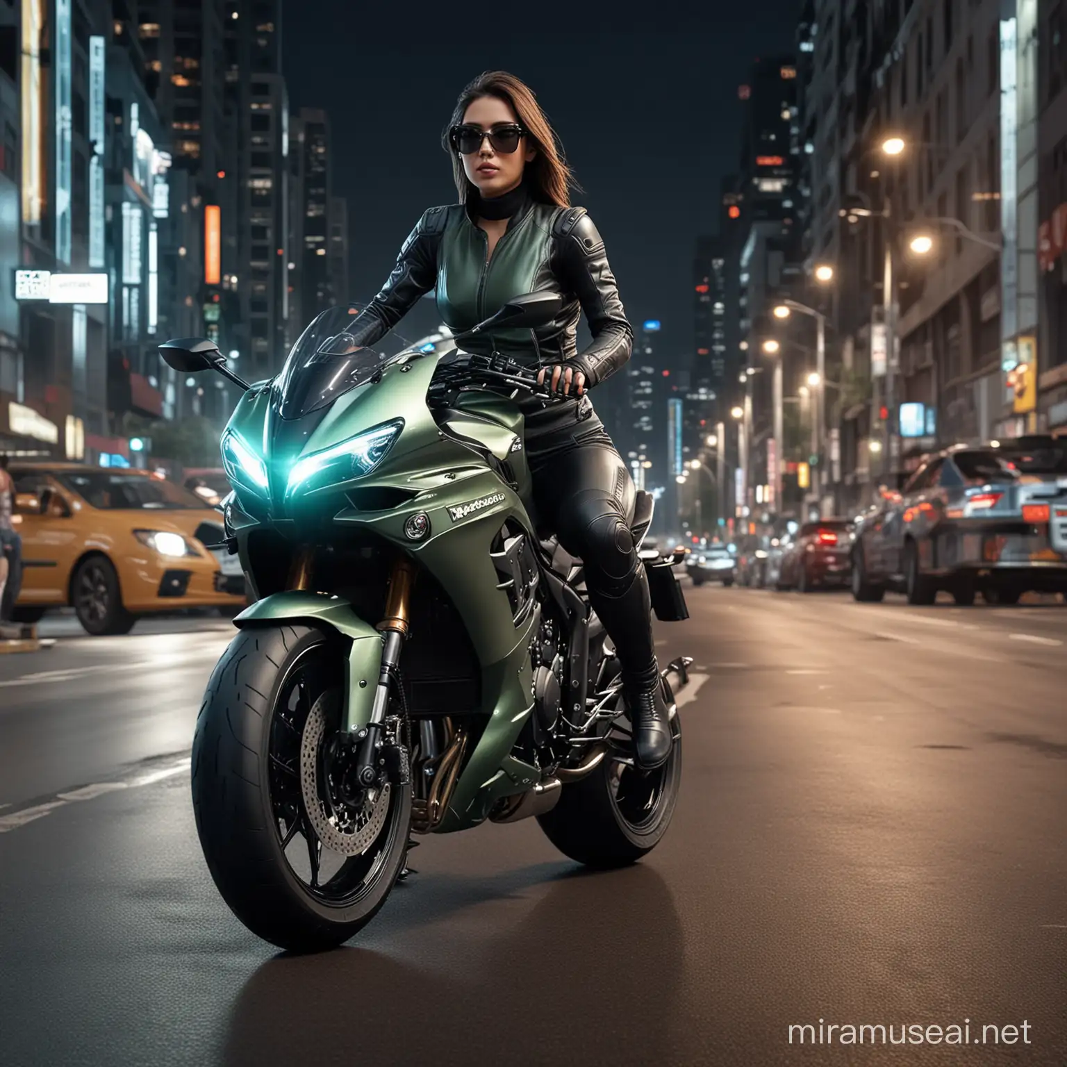 a length image from side photography realistic,full body Beautiful woman as an futuristic rider beauty face,sunglasses,she on riding futuristic kawasaki motorsports H2R metalic color modifications on the way high speed night city street