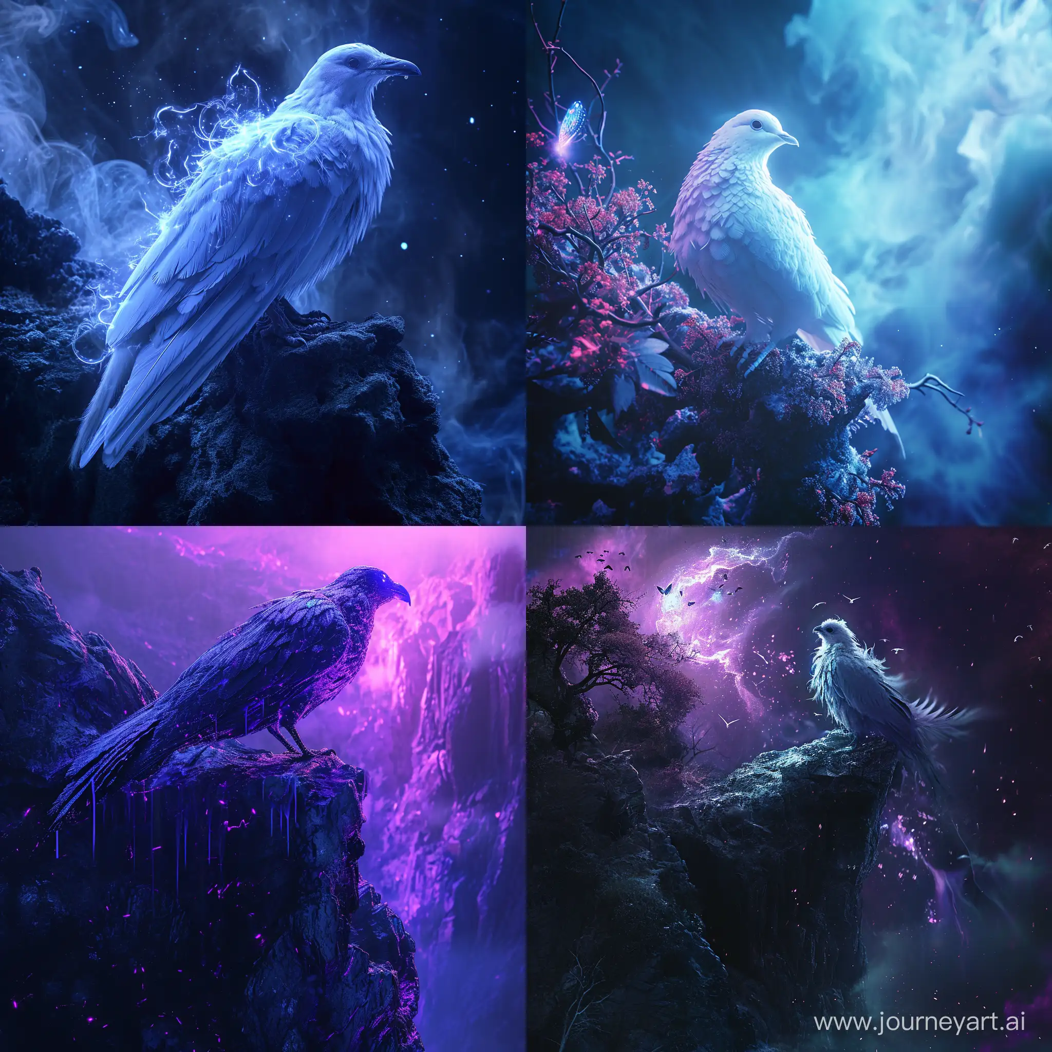 8K surrealism mystical fantasy neon::1.5, белый антропоморфный магический мистический голубь стоит на краю обрыва, хоррор, ужасы, необычное, --v 6