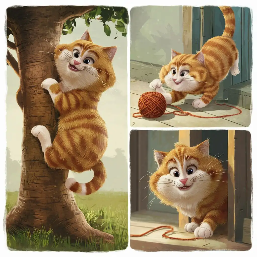 /imagine prompt: Character design different poses::1, pixar Cartoon::1, Mischievous orange mainecoon cat,  --ar 16:9 --r 2 --c 2 