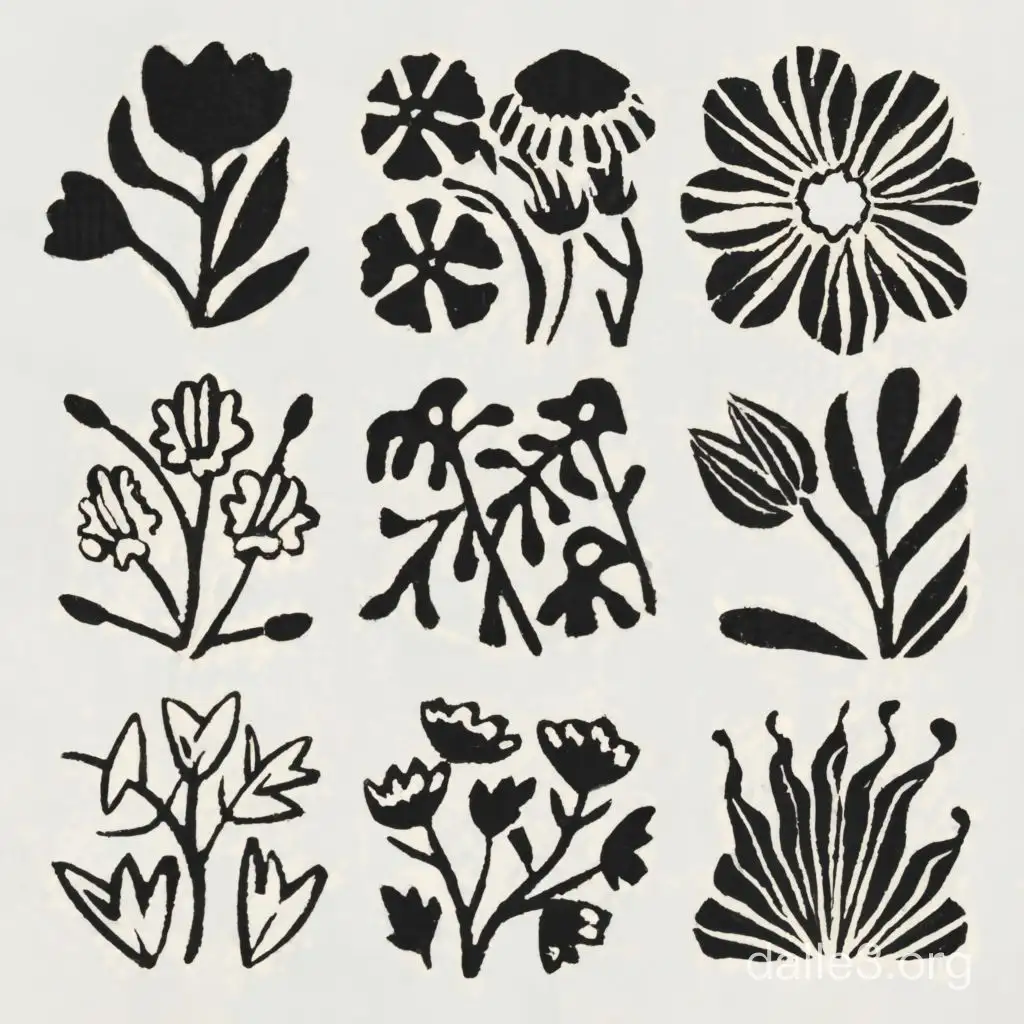 flash sheet of a variety of abstract florals, like matisse style but more solid, like it's a print. florals black and the background white. no colour