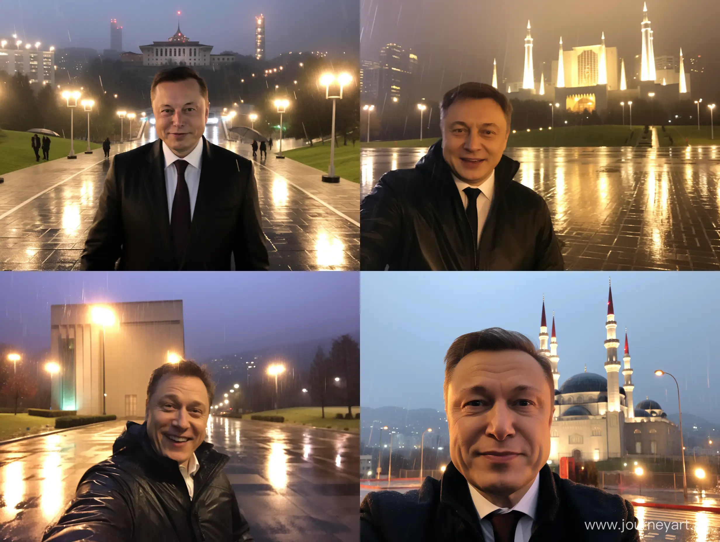 Elon Musk takes a photo in front of Atakule in Ankara on a rainy evening with the lights hitting his face.