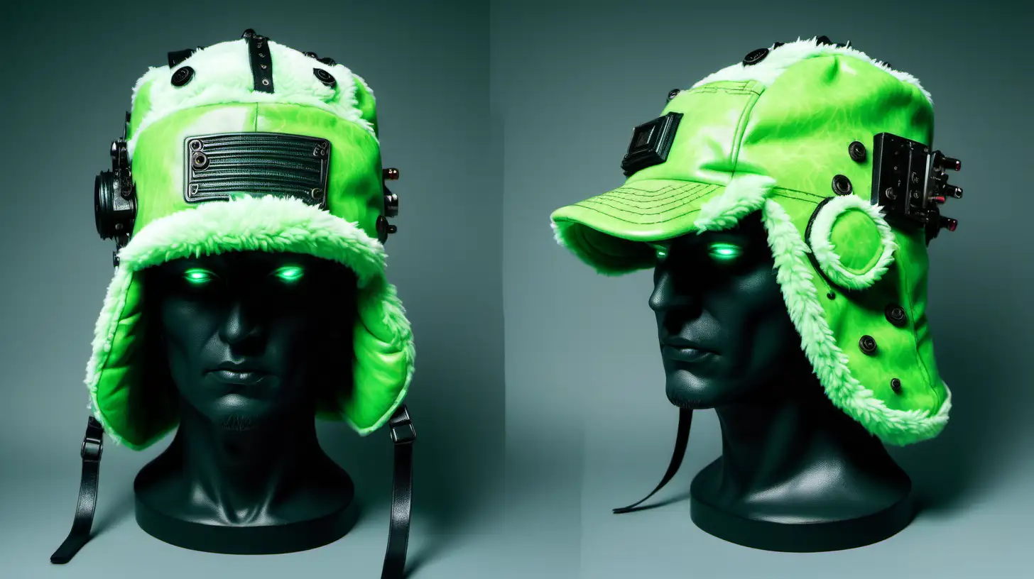 Futuristic Cyberpunk Ushanka Hat in Vibrant Green Acid Color