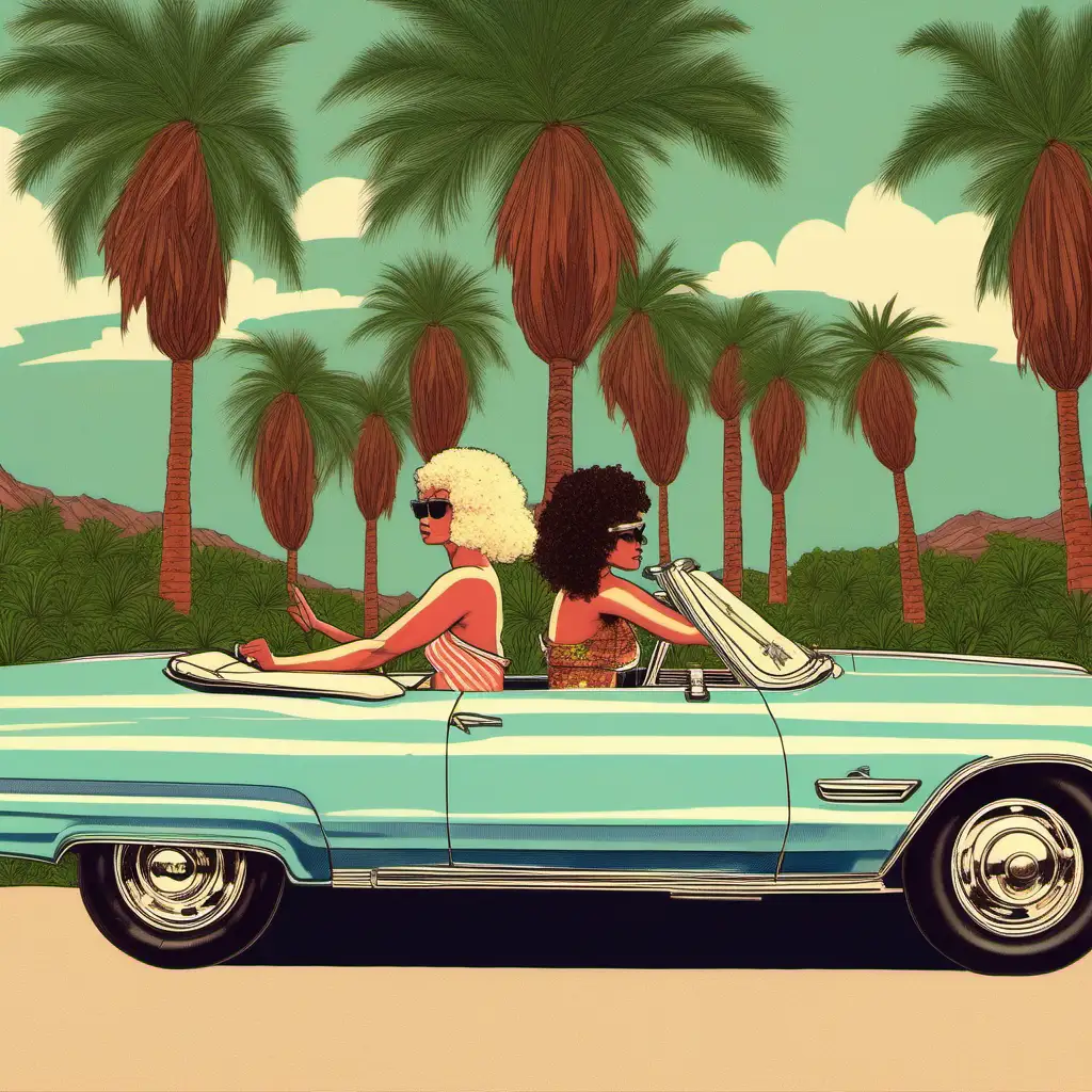 кабриолет две женщины в америки вокруг пальмы