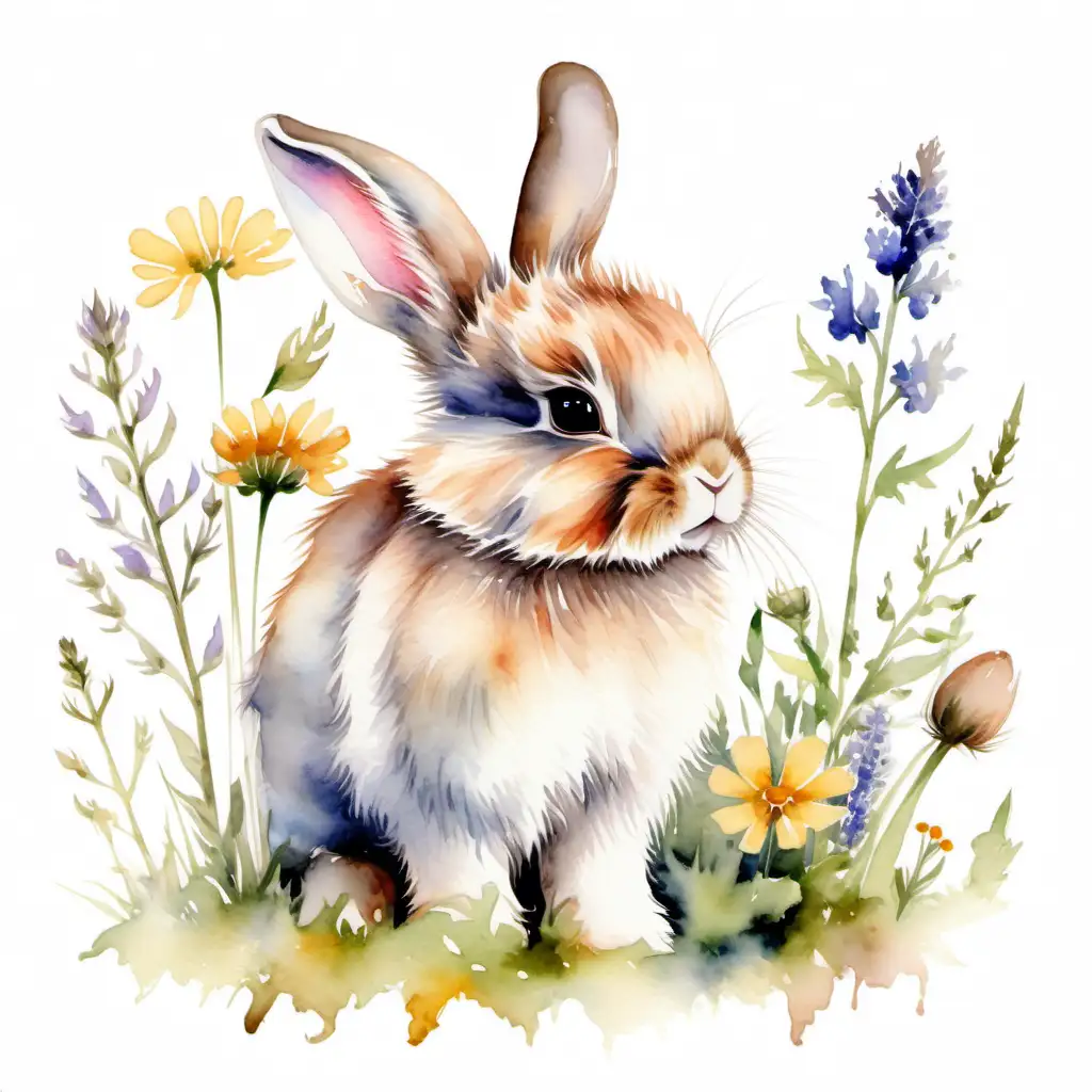 Adorable Fluffy Baby Bunny Surrounded by Vibrant Wildflowers in Watercolor Style on a White Background