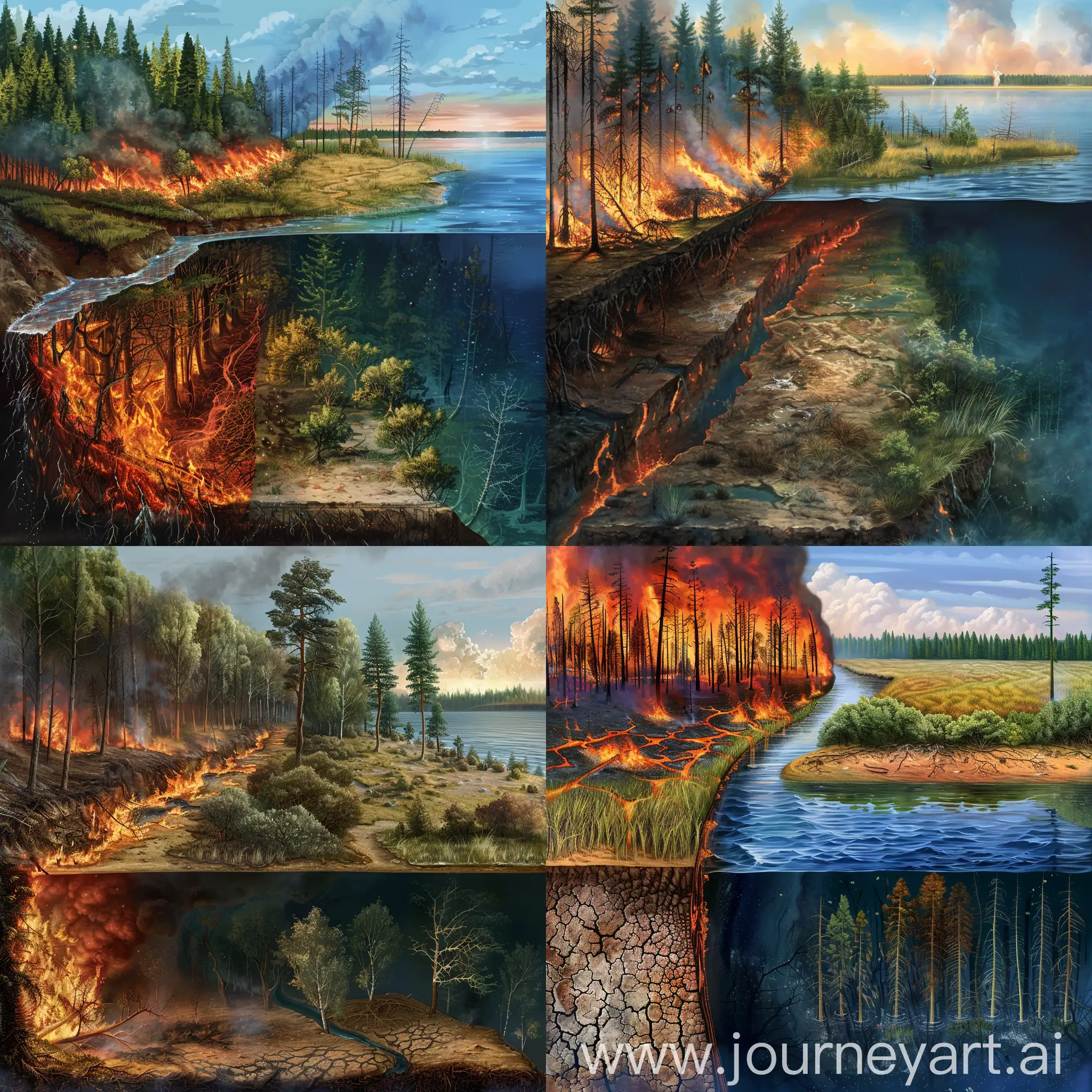 画面的左边是大片森林，森林正在发生有森林火灾和并且存在烧焦的树木，森林右边缘是小面积的草地和灌木丛，往右是湖泊，湖岸边上有火灾过后烧焦的树木，画面中横向的河流穿过发生火灾的森林与盐碱地汇入画面右边的湖泊，同时将火灾后产生的污染物带进湖泊中，画面中湖泊占大部分区域，以斜视的视角看这场景作画，湖泊中有污染痕迹，并且在图片下方十分之一的画面为该地区的竖直剖面图，能表现湖泊深度的剖面图，画面的整体呈油画的风格，剖面图类似于土壤分层那样 ，有该地区的土壤和湖泊。