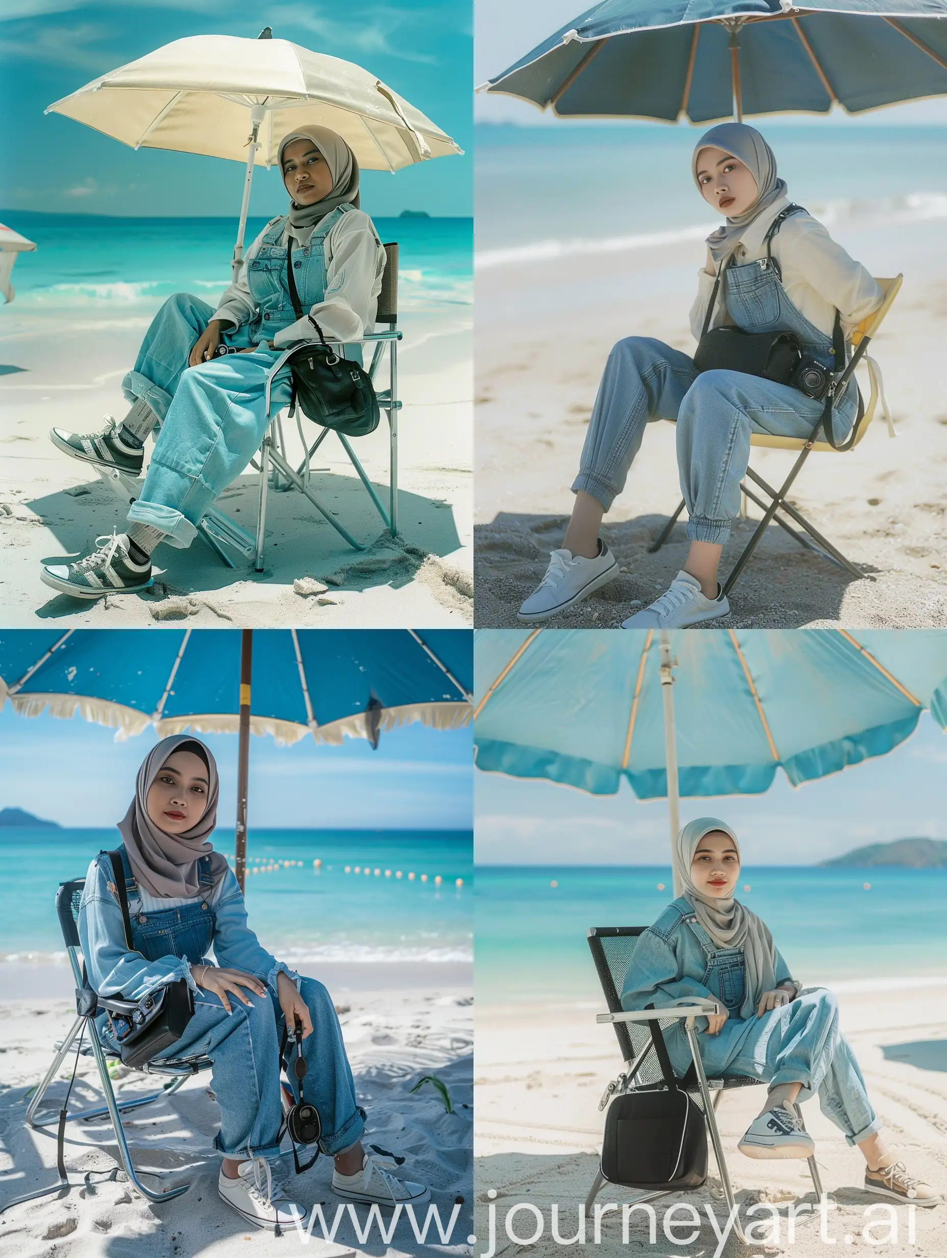 photo portrait of a 30 year old Indonesian hijab girl, on a beautiful beach, wearing overalls and a small black bag, sneakers, sitting on a folding chair in the shade under a beach umbrella, very detailed, Leica camera, original photo