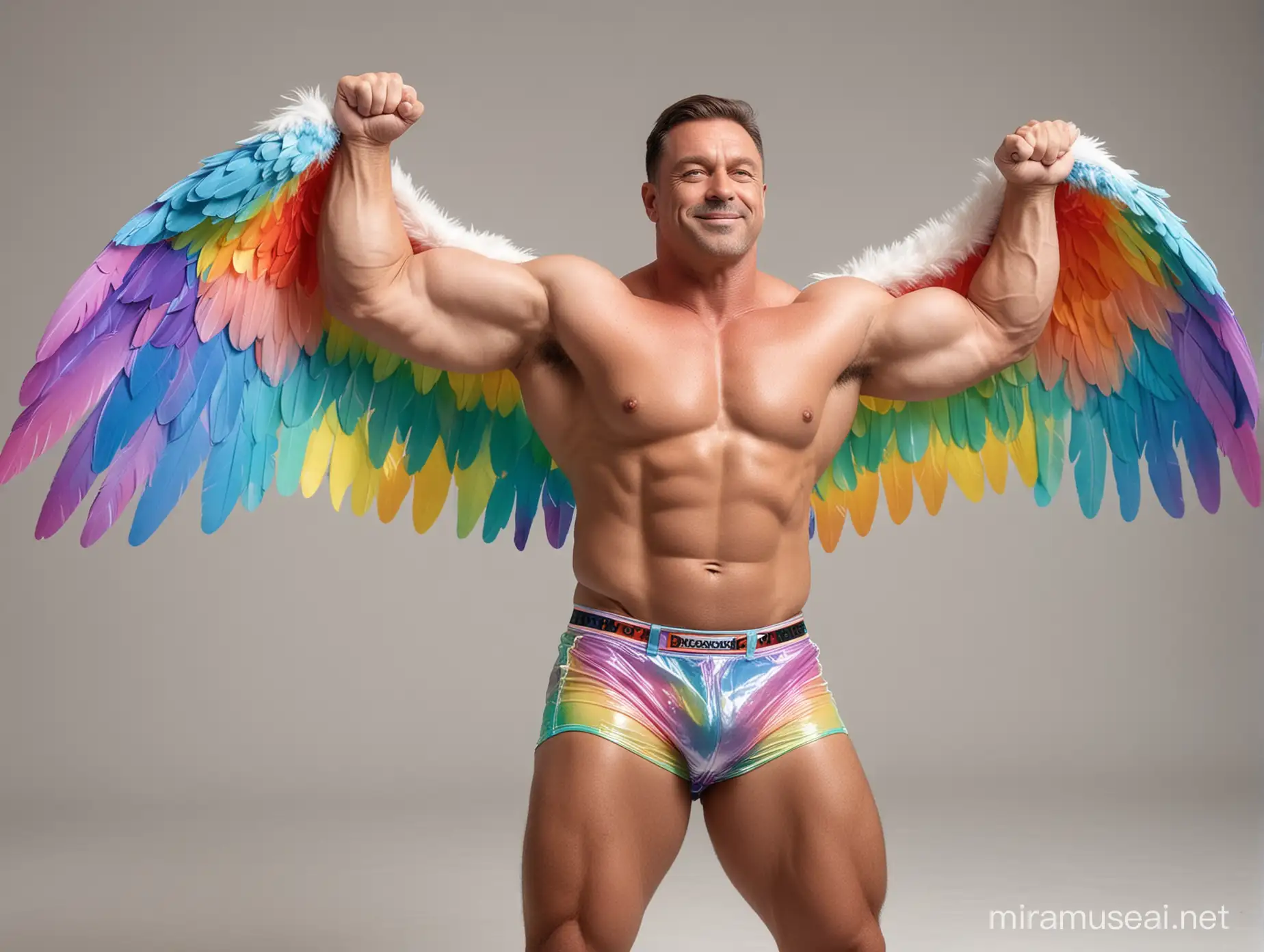 Topless 40s Bodybuilder Daddy Flexing with RainbowColored Eagle Wings and Doraemon