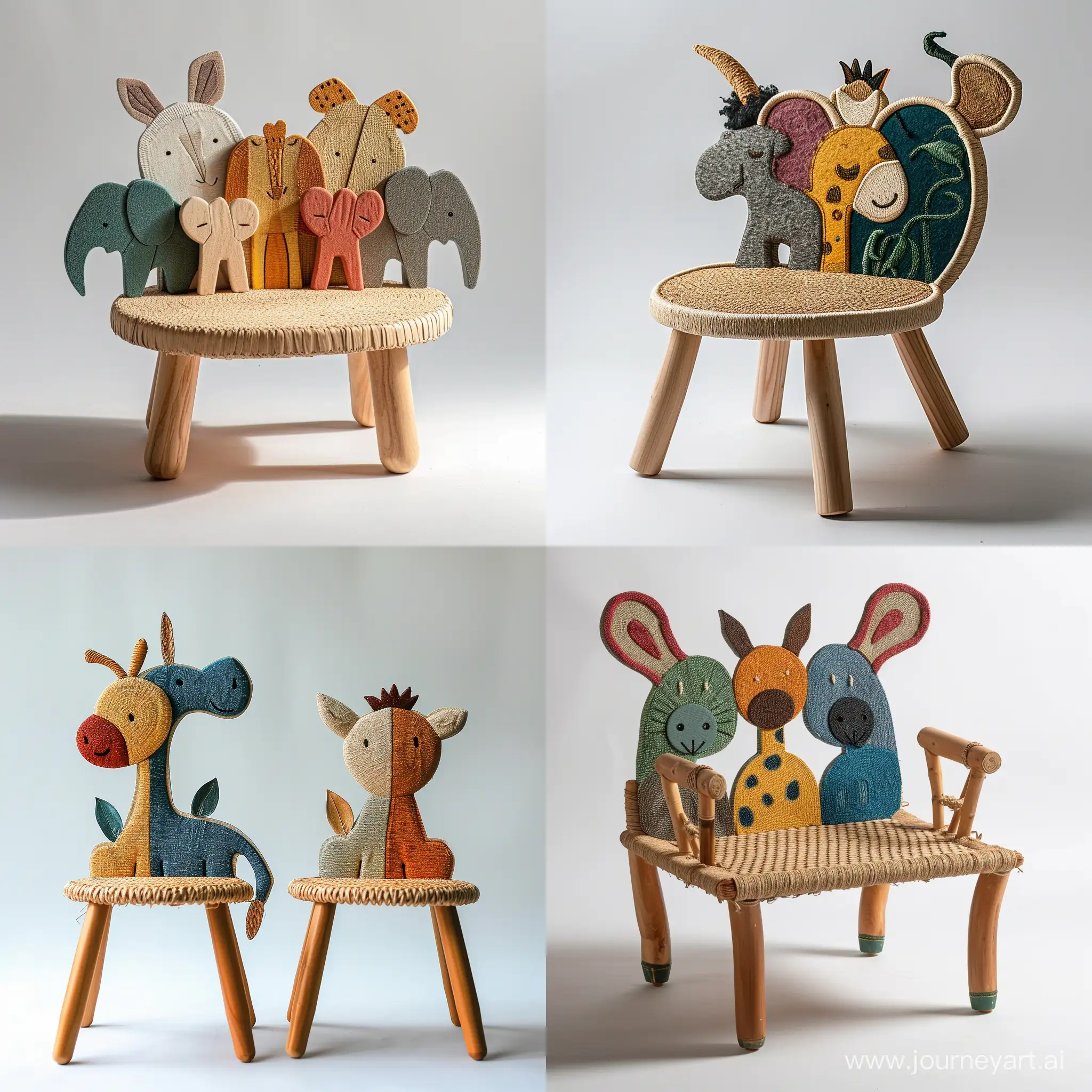 imagine an image of a cute sturdy children’s collection chair inspired by beautiful perfect safari animals, with backrests shaped like different safari animals. Use recycled wood for the frame and woven plant fibers for seating areas, depicted in colors representative of the chosen animals. The seat should stand approximately 30cm tall, built to educate about wildlife and ensure durability.realistic style