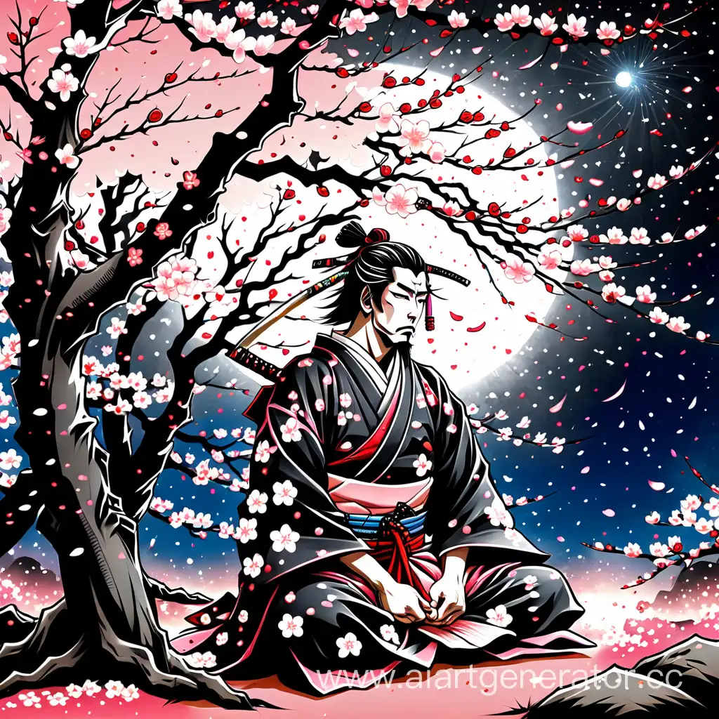 Самурай,сидящий под сакурой с опущенной головой, звездное небо, розовые и белые листья, опадающие с сакуры