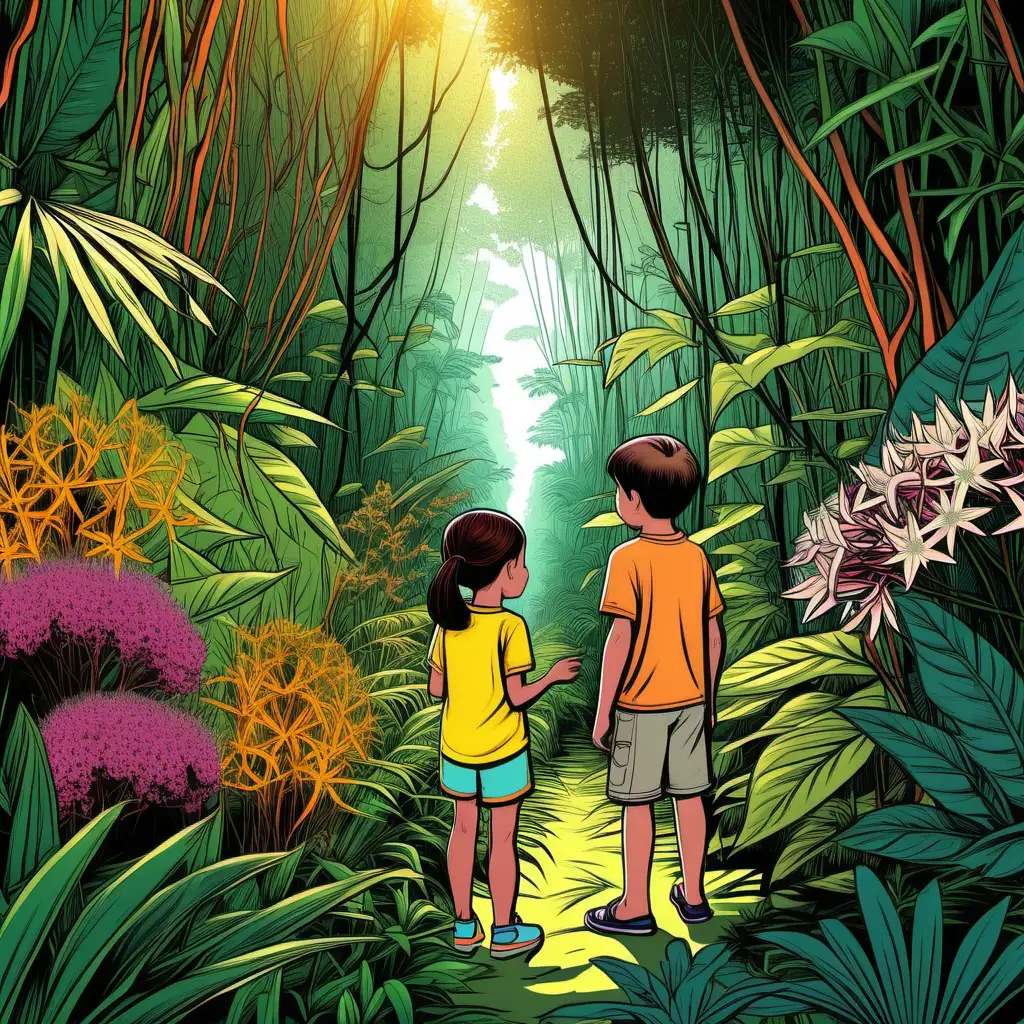 /imagine, kids illustration, nerium oleander, a (hippomane mancinella), luburnum anagyroides, (heracleum mantegazzianum), various flowers, various plants in a jungle, CARTOON style, thick lines, low detail, vivid color–ar 9:11

image with curious boy and girl looking at plants.