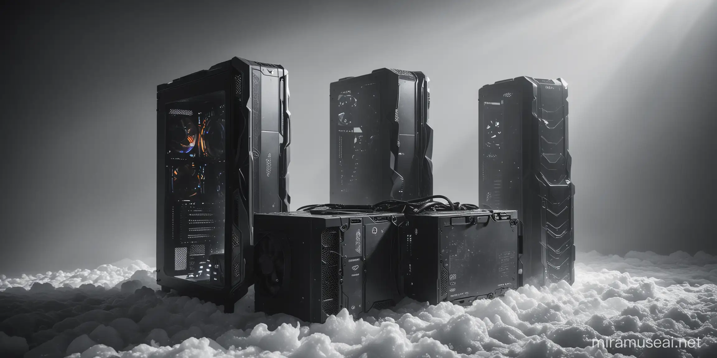 Gaming Computer Cases Array in Sunlit Fog RTX and Liquid Cooling Showcase