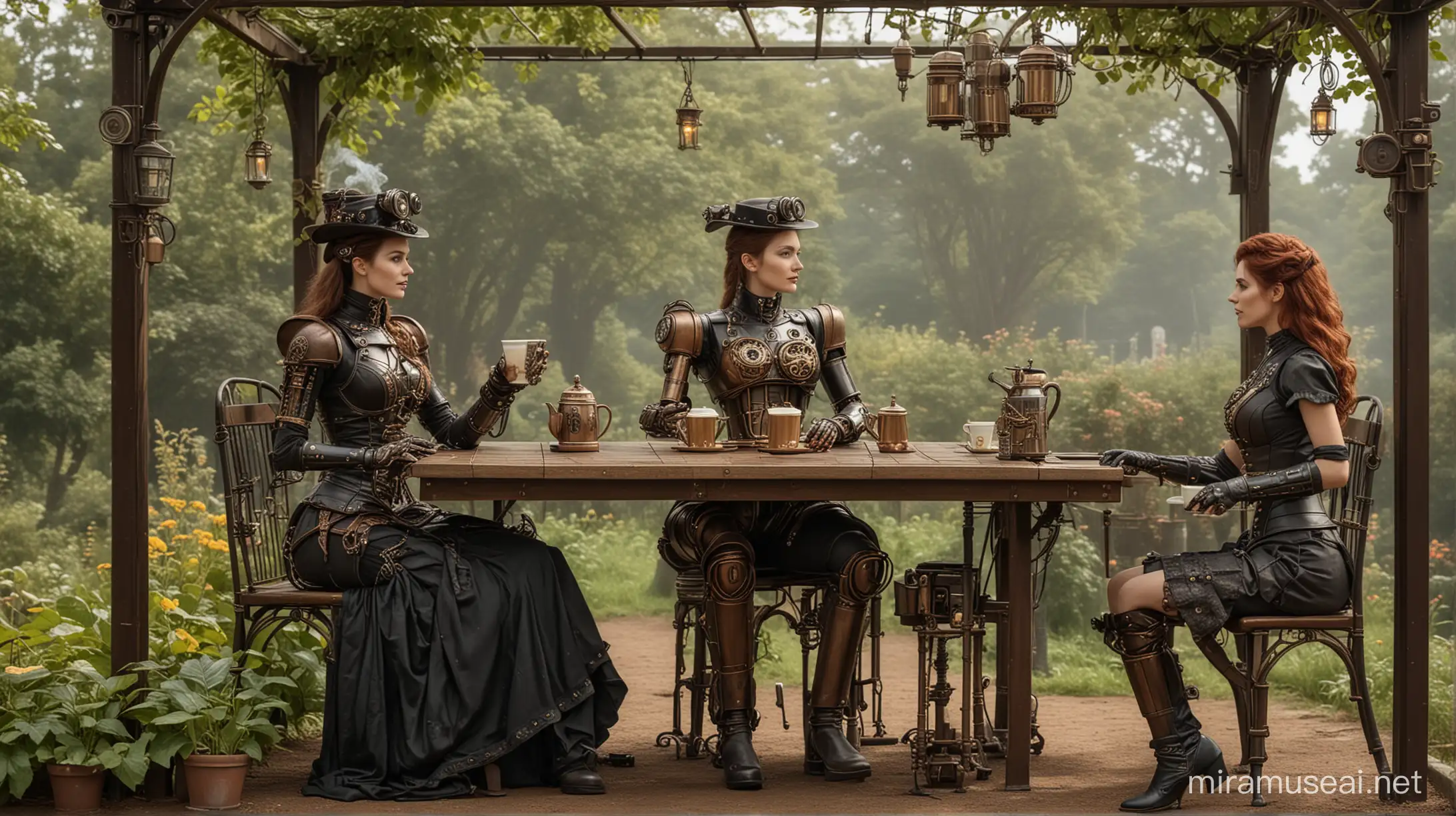 a steampunk robot serves coffee to two steampunk woman sitting in an arbour