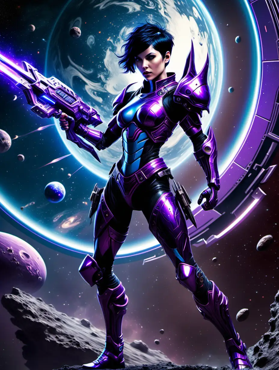 tall, fit, short pixie cut black hair, female warrior, full body, in fighting stance, with cybernetic purple and blue armor, properly holding a magical weapon, in space floating in front of the mercury, defender of the mercury planet

