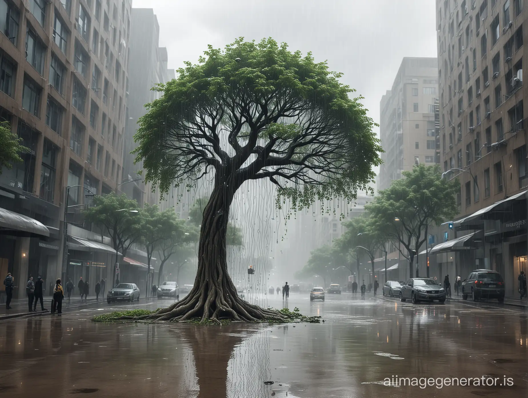 year 2050, one biomorphic designed tree collecting water in city while it rains