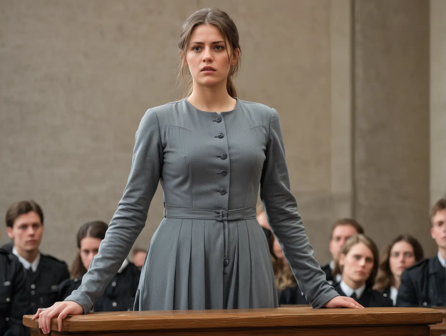 A busty female prisoner (german, 25 years old) stand on a pulpit before the court on her trial (1900s) in gray buttoned longsleeve collarless prisonerdress(round-neckline, nape-lenght hair), head to knee view, She is sad and desperate