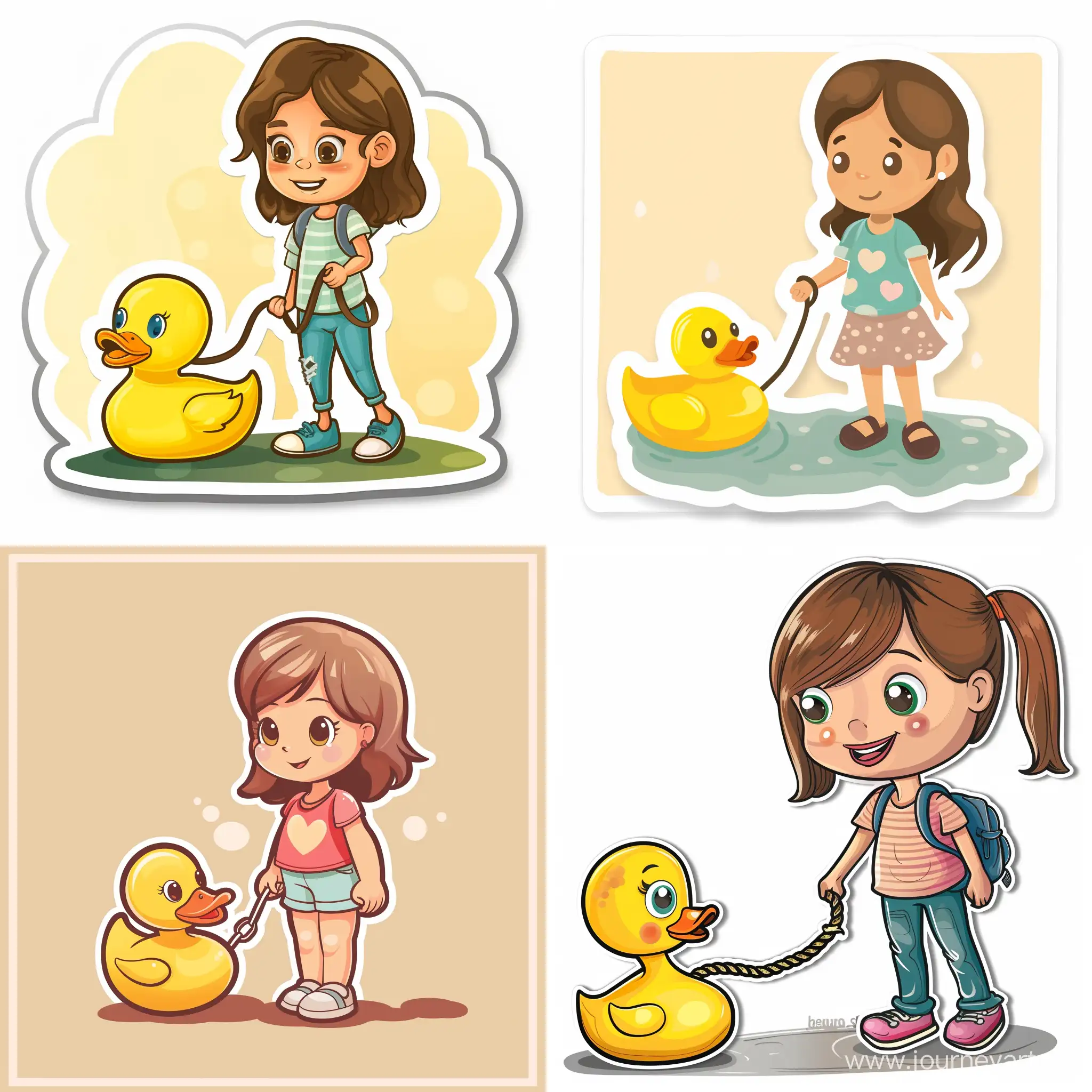 A girl and her rubber duck for the bathroom on a leash, cartoon sticker, in vector style,
